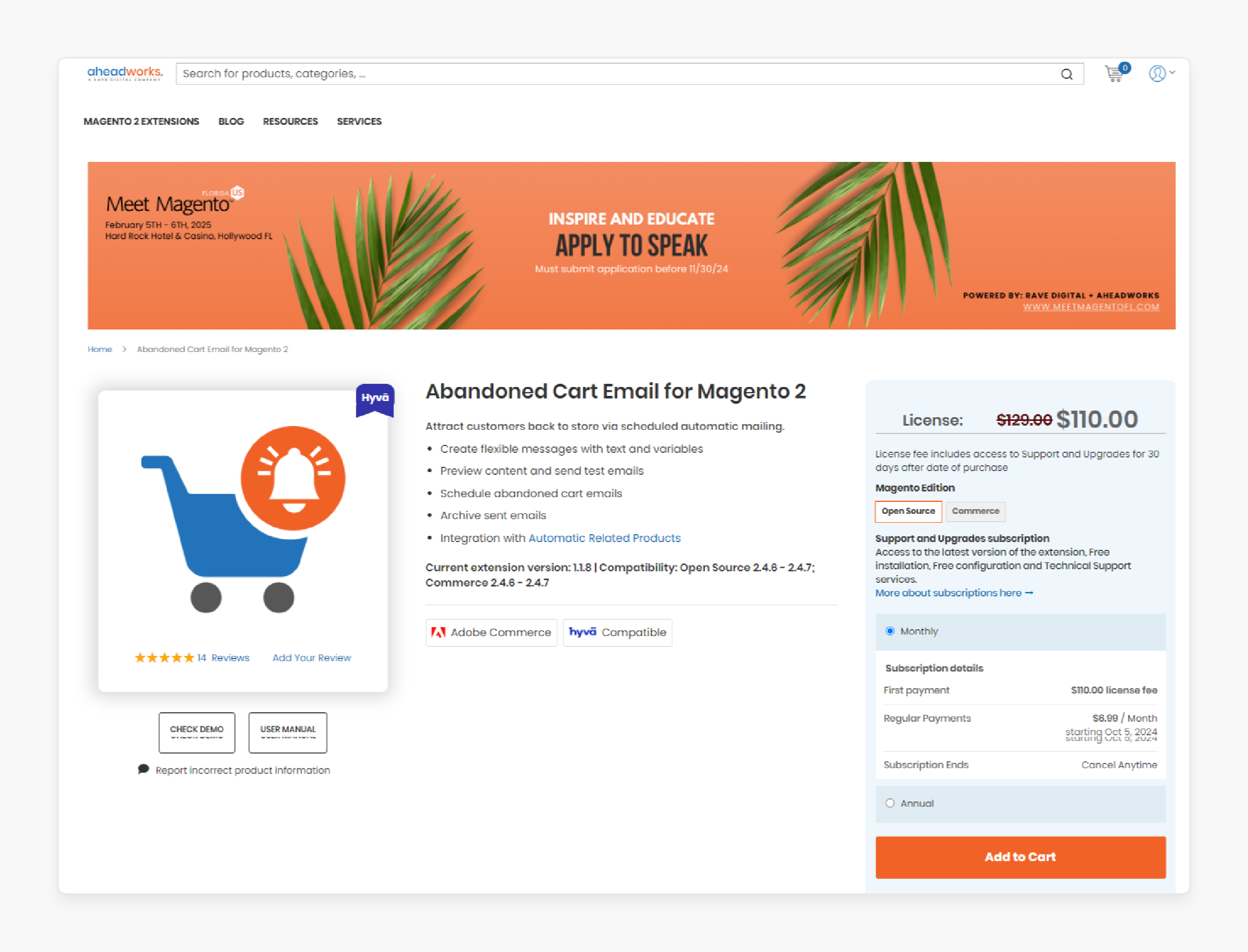 Magento 2 abandoned cart email extension by Aheadworks highlighting customizable features