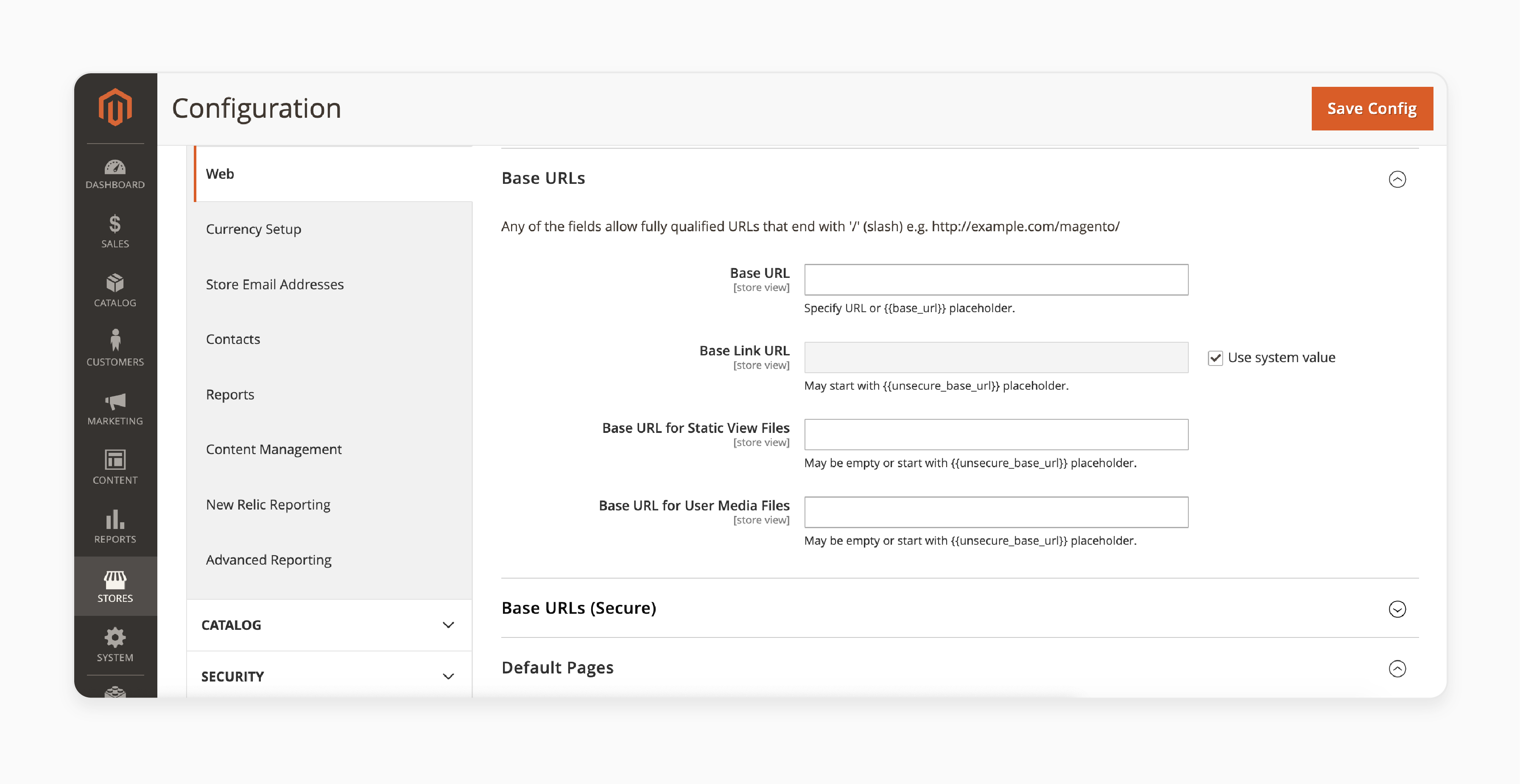 Magento 2 configuration panel for setting base URLs and enabling CDN