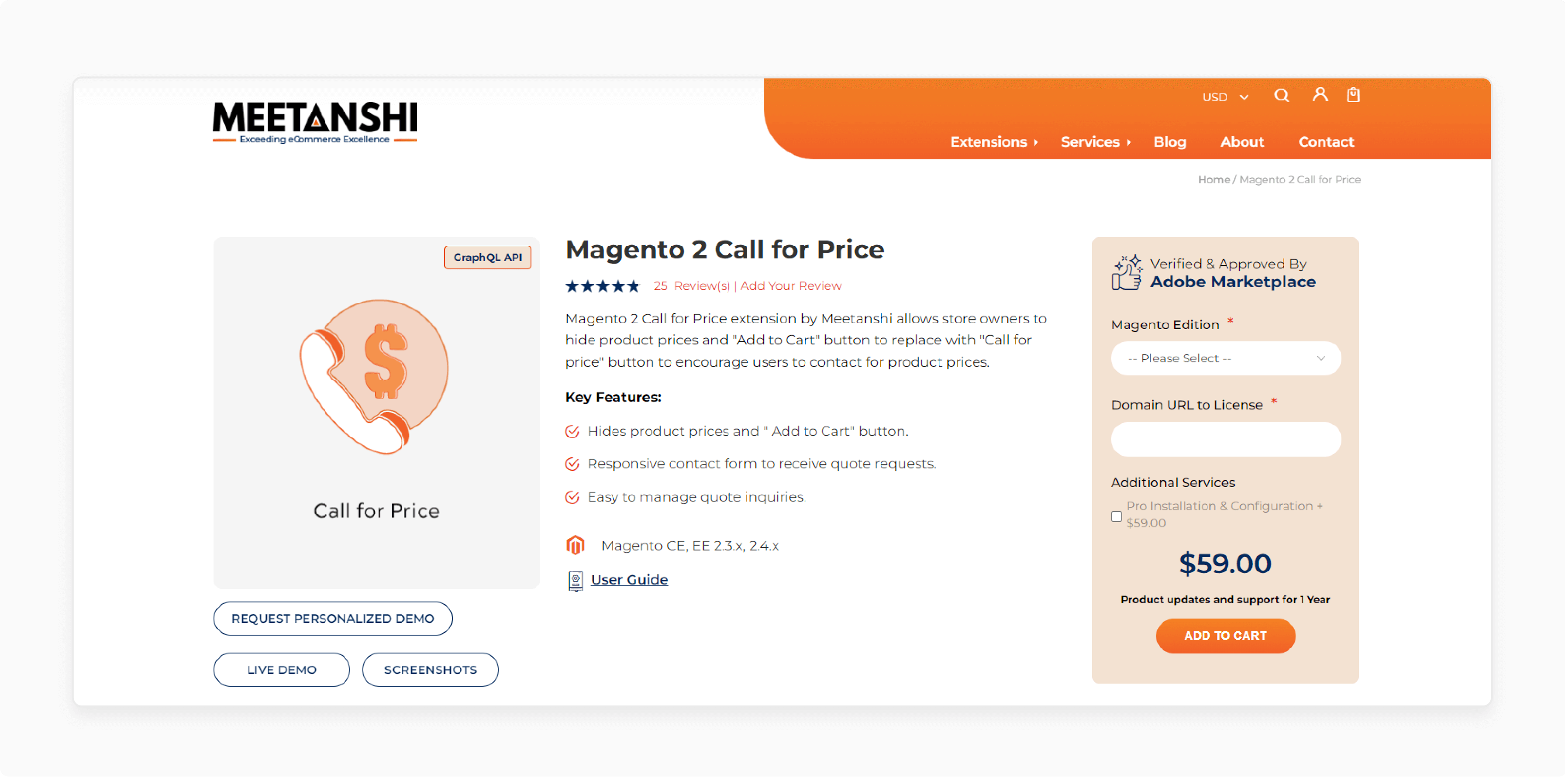 call for price by Meetanshi Magento extension details