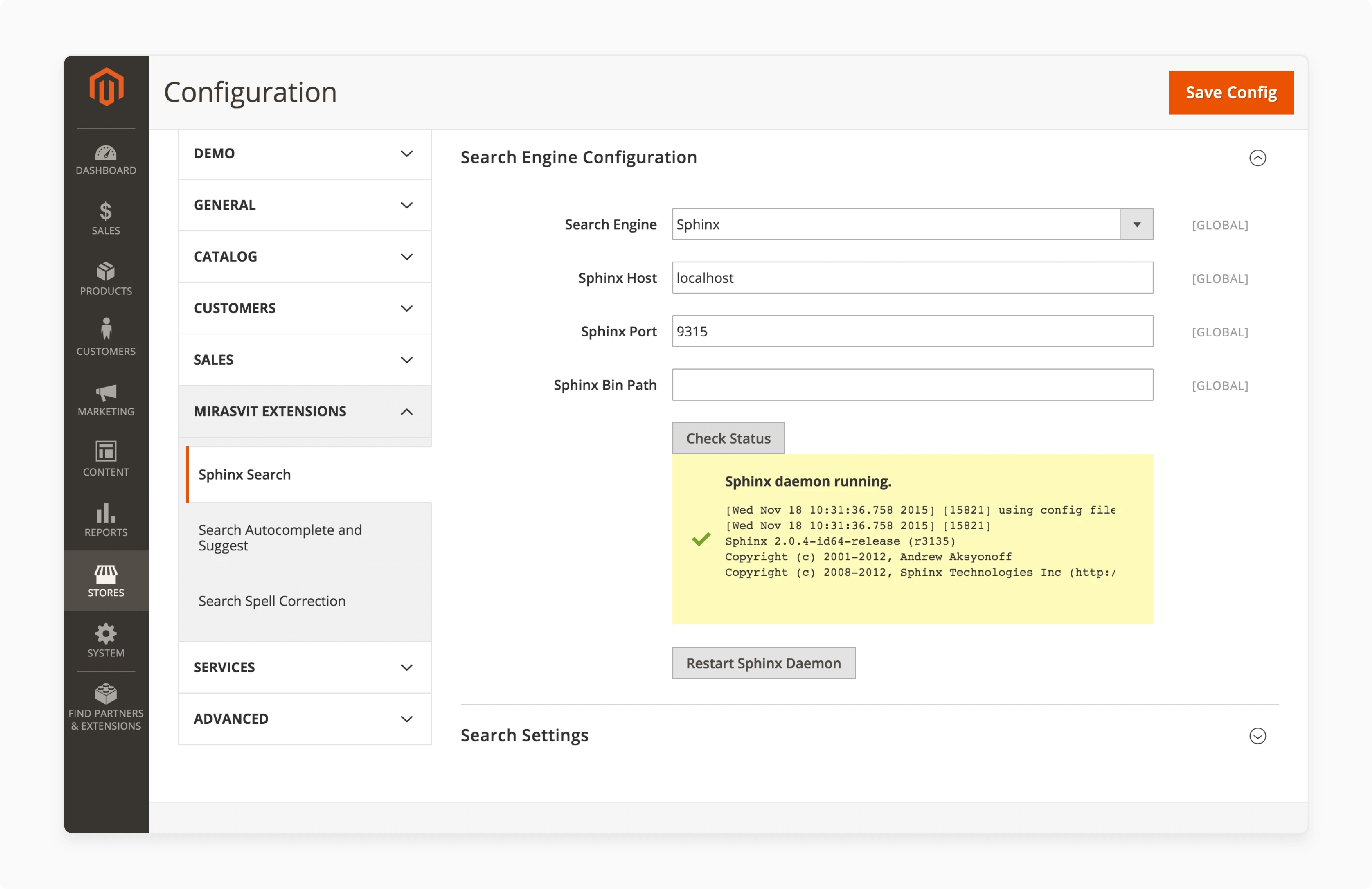 Search engine configuration in Magento 2 Sphinx