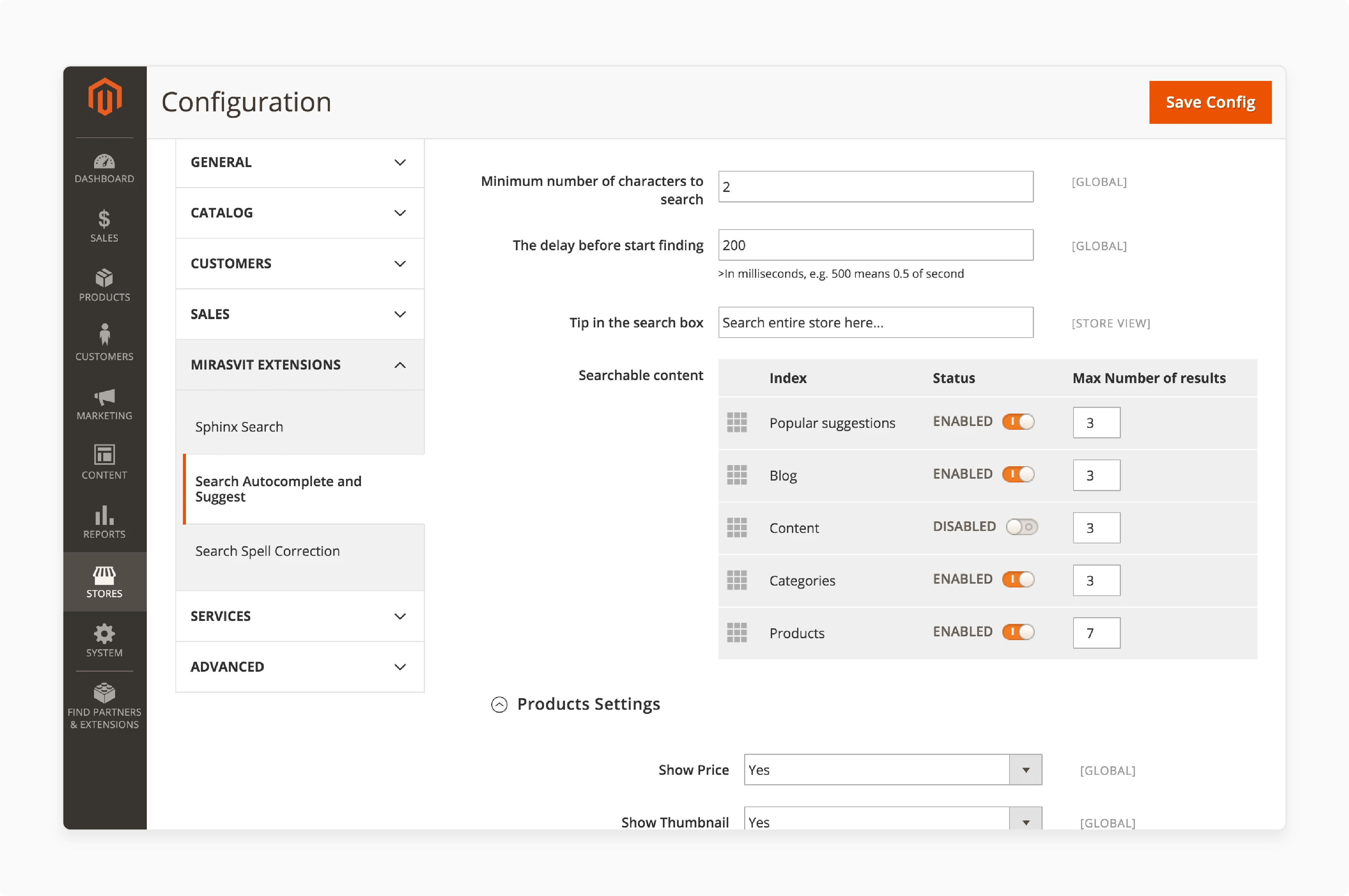 Autocomplete search settings in Magento 2 sphinx extension