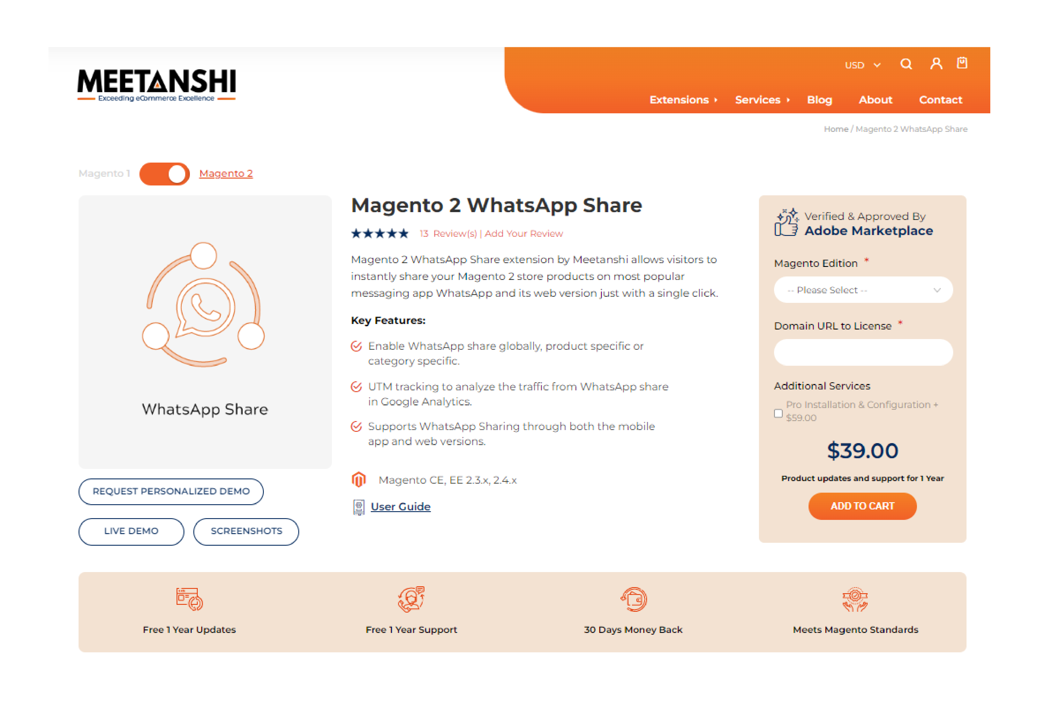 Meetanshi WhatsApp Share extension for Magento 2 enabling seamless product sharing