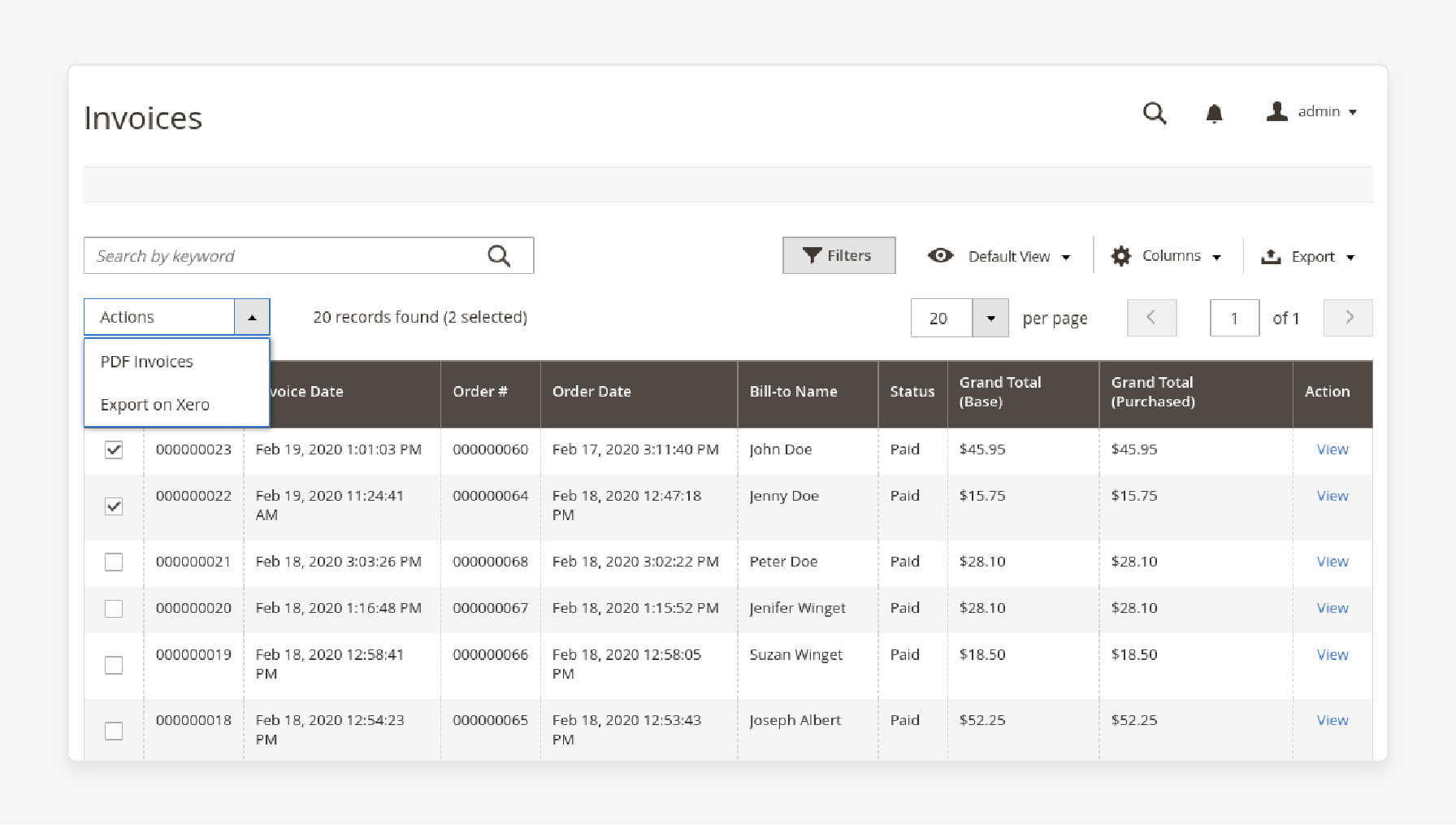 Export bulk invoices in Magento 2 Xero Integration connector