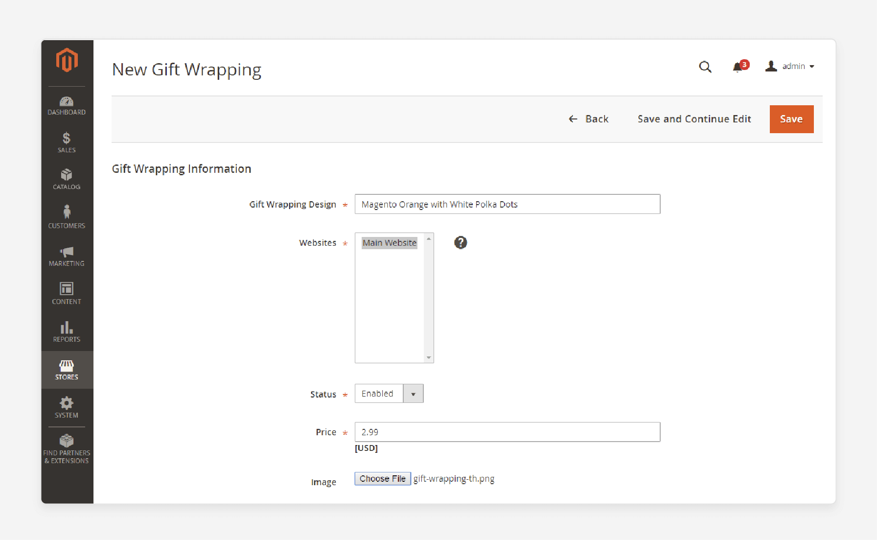 gift wrapping information section in Magento 2, showing design and price settings