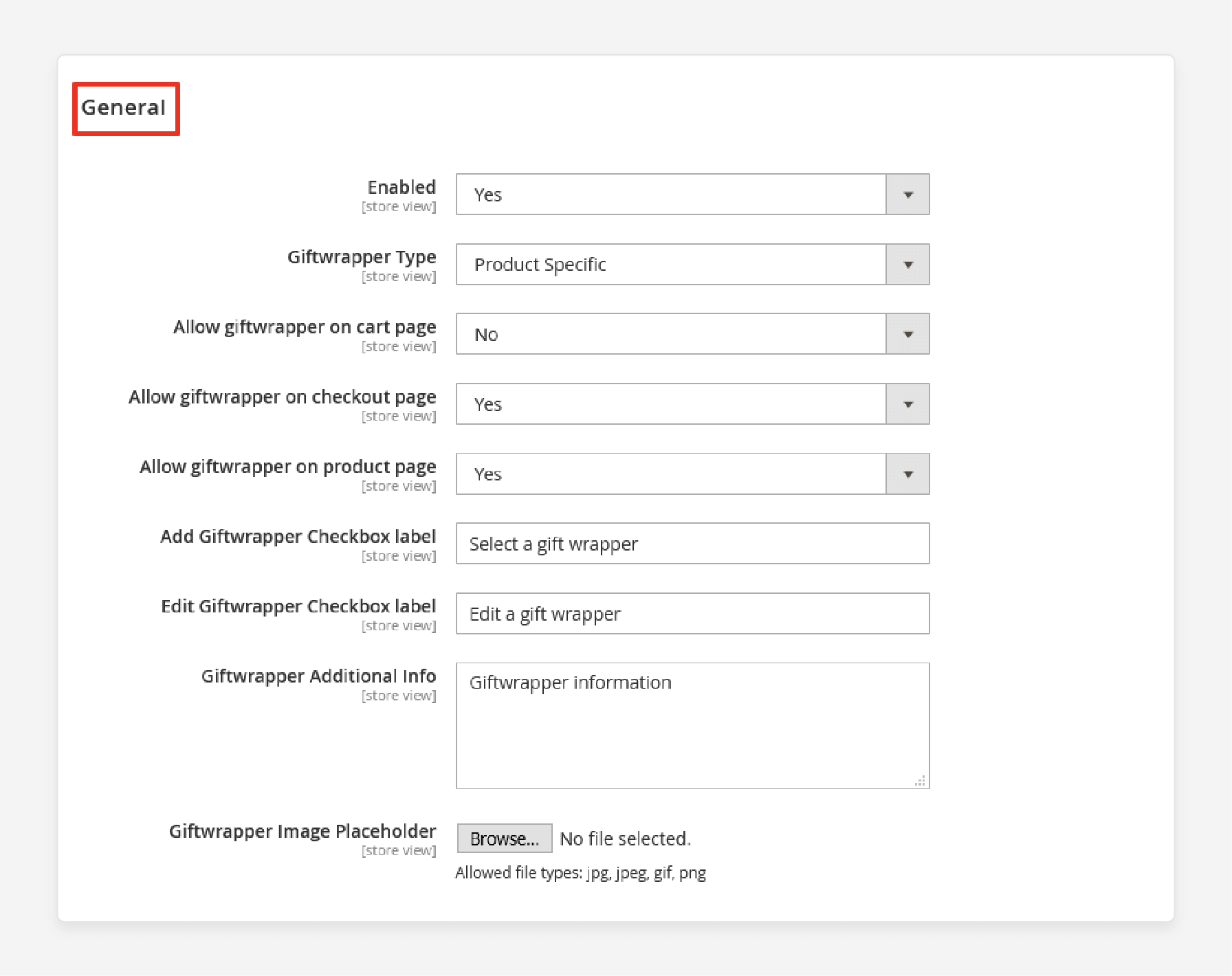 general settings in Magento 2 to enable and manage gift wrap options