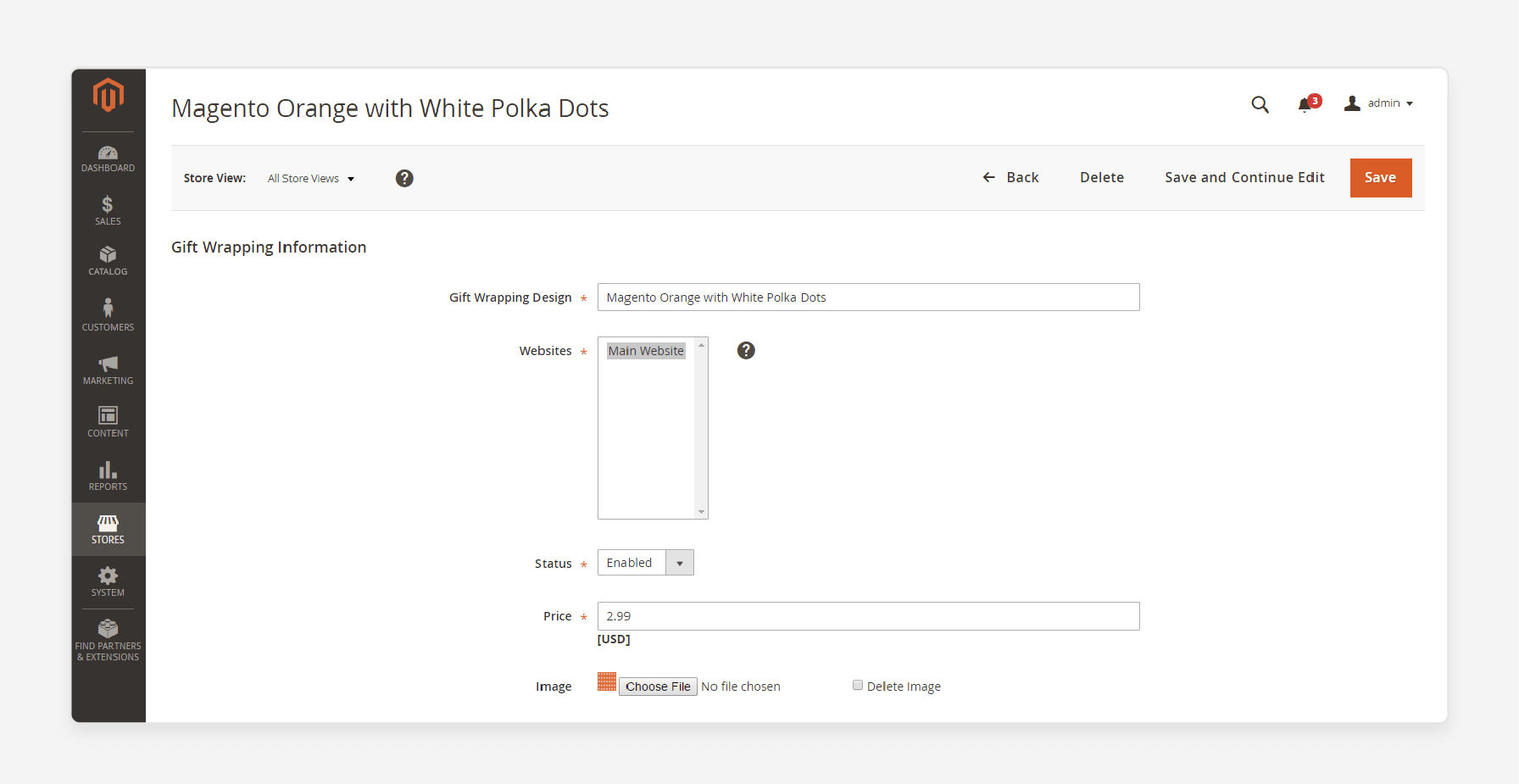 manage gift wrapping design in Magento 2, showing status and price configuration