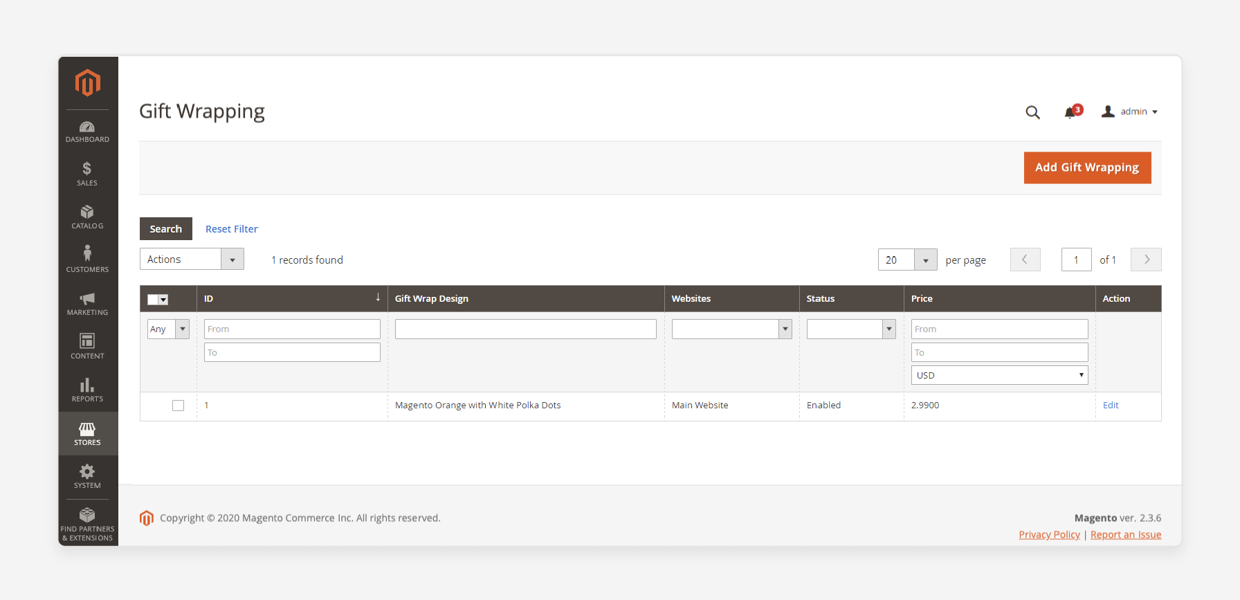 Magento 2 admin panel with the option to add a new gift wrapping design