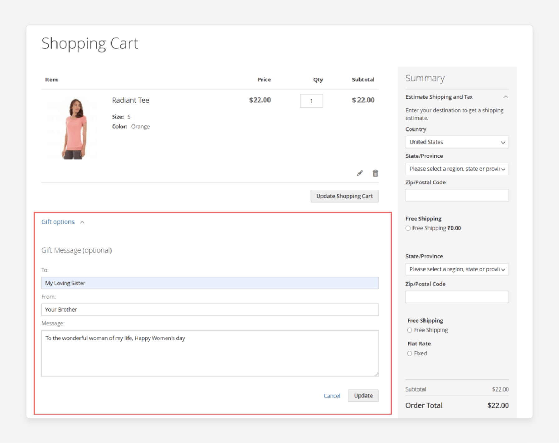 Magento 2 shopping cart showing the option to add customized gift messages