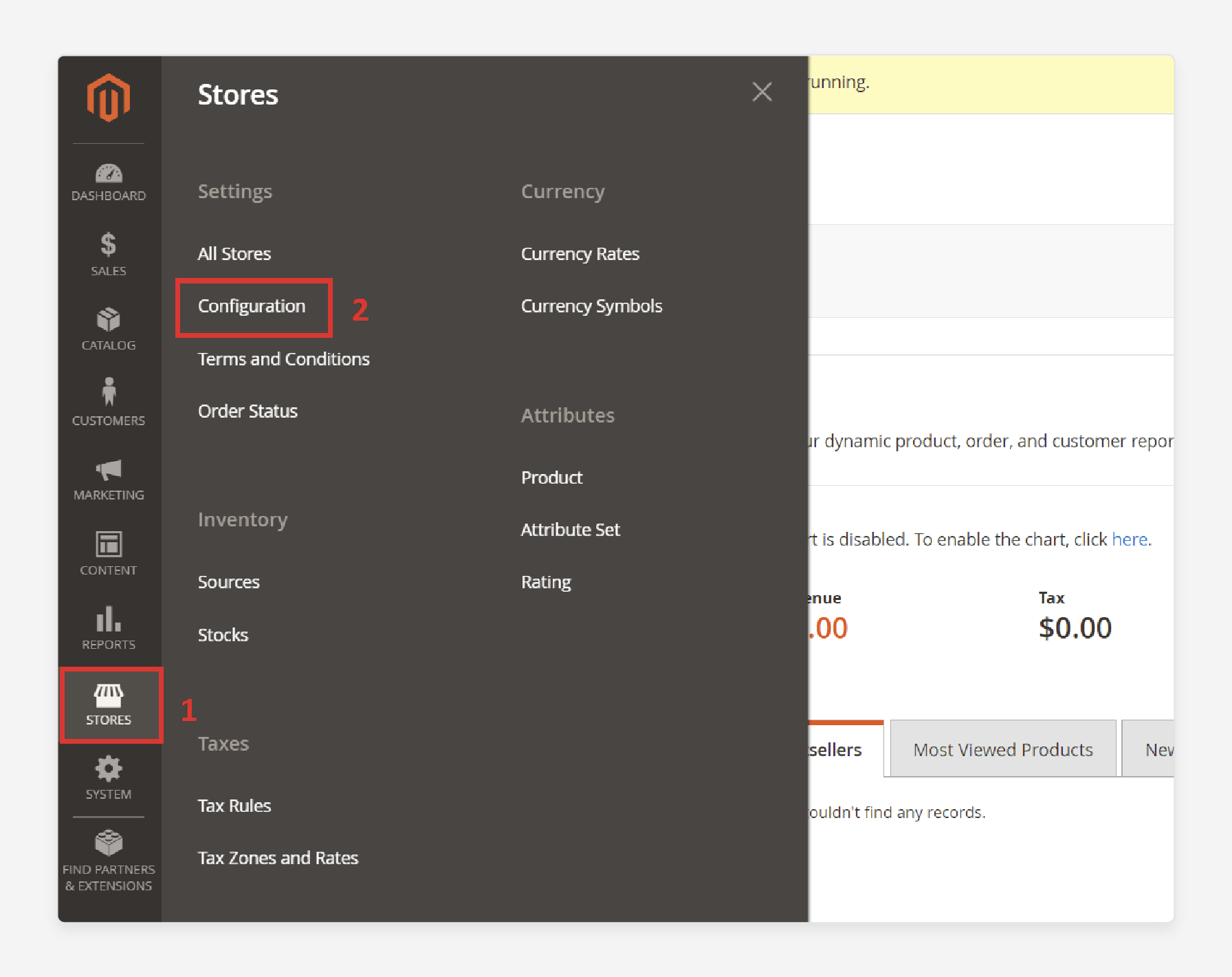 Magento 2 admin panel showing the configuration menu to enable gift wrapping