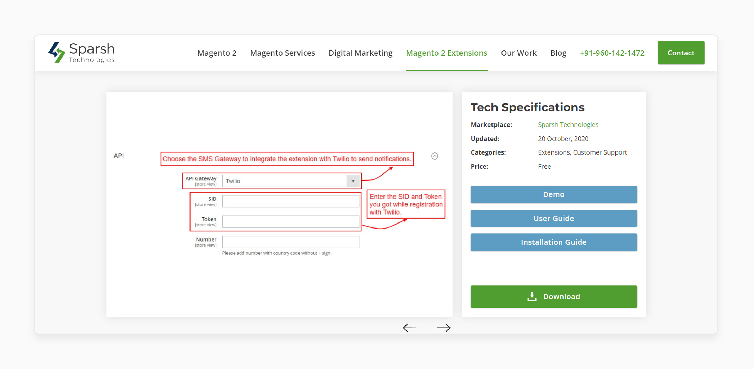 SMS notification extension by Sparsh Technologies integrated with Twilio for sending order updates