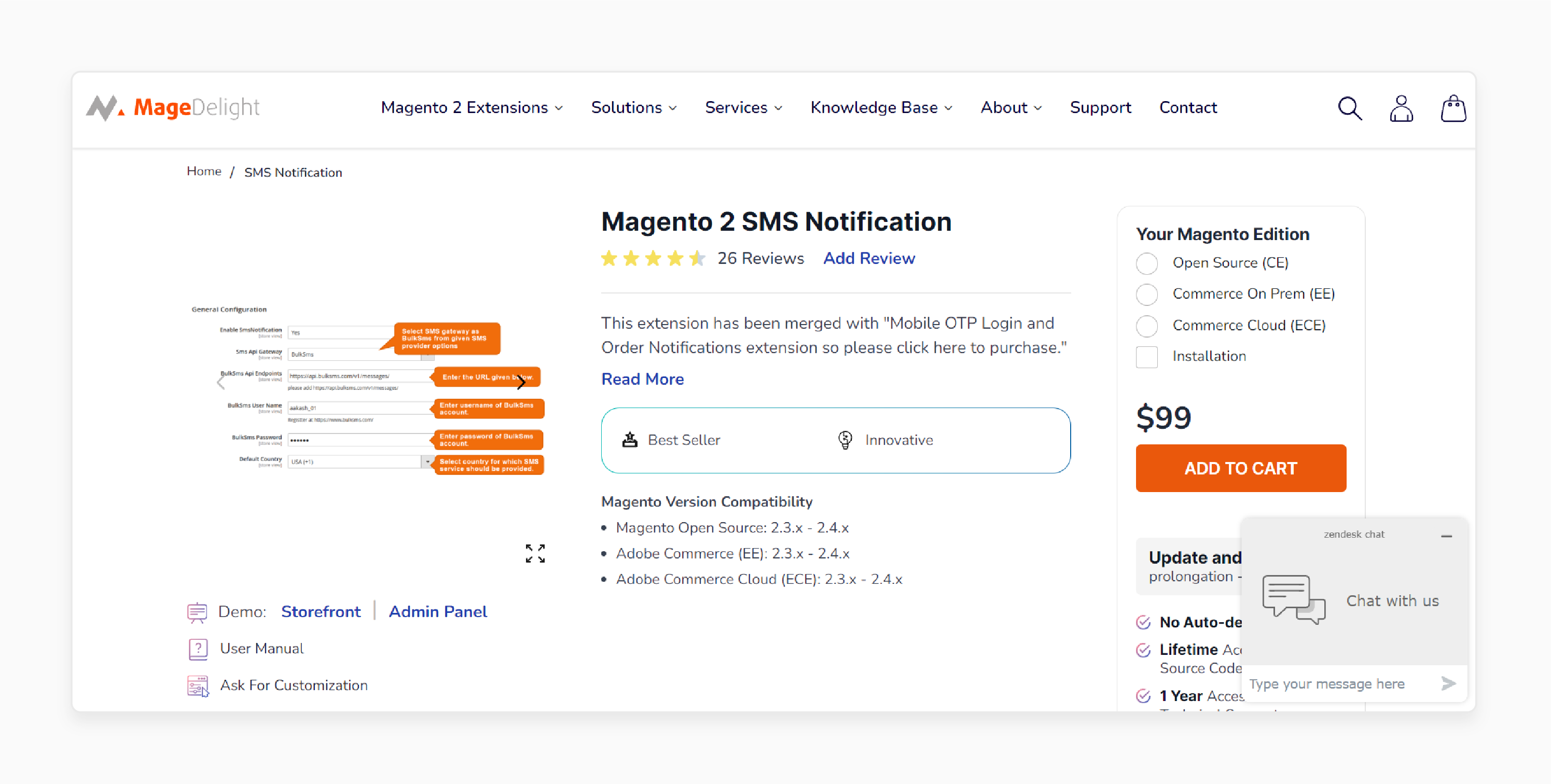 Magento 2 SMS notification extension configuration by MageDelight showing SMS gateway setup and API details