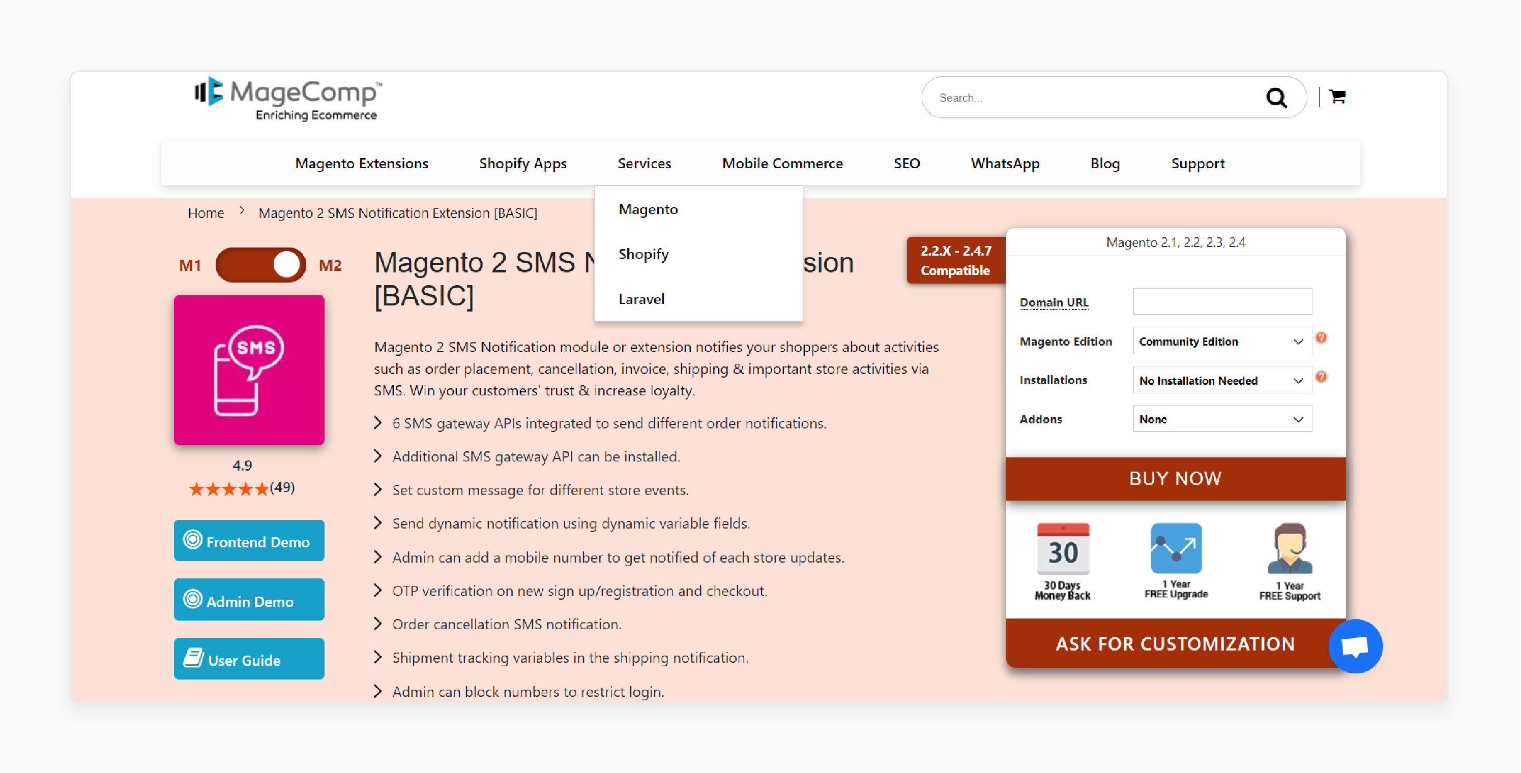 Magento 2 SMS notification interface by MageComp highlighting SMS gateways and notification setup options