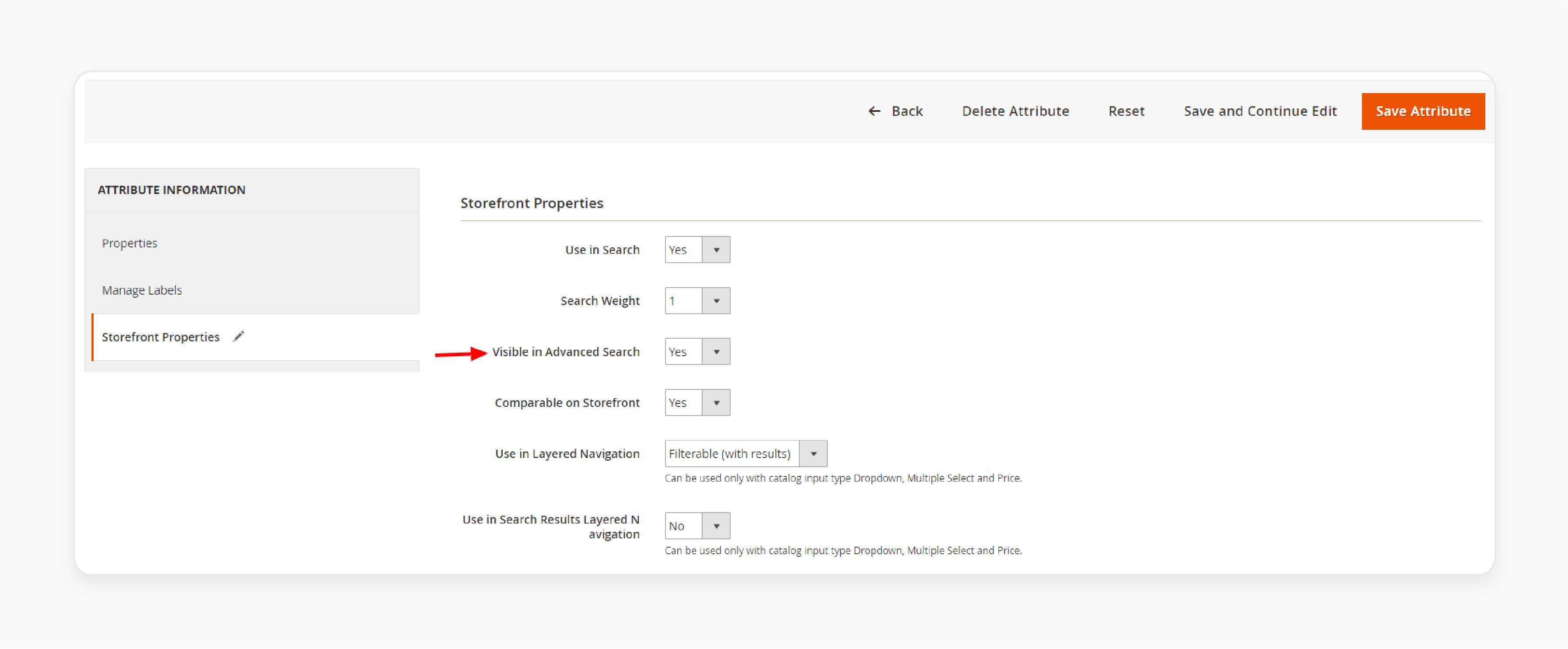 enabling advanced search settings and visibility for Magento 2 products