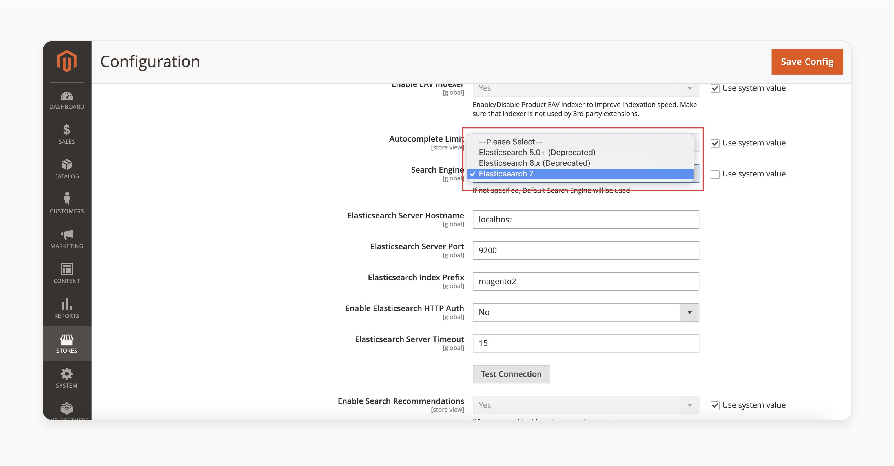 search engine configuration in Magento 2 with Elasticsearch selected for better search performance