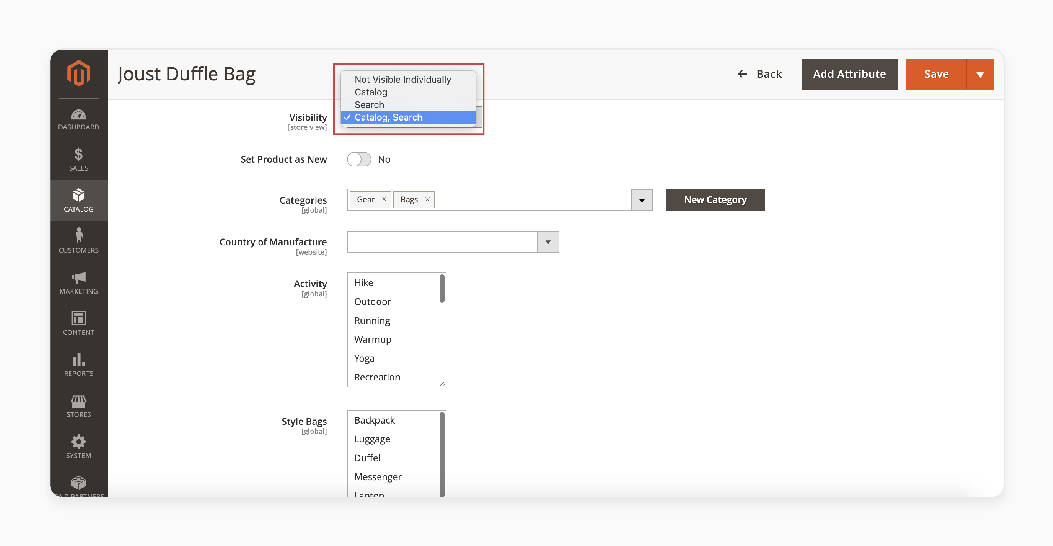 Magento 2 product visibility options showing catalog and search settings