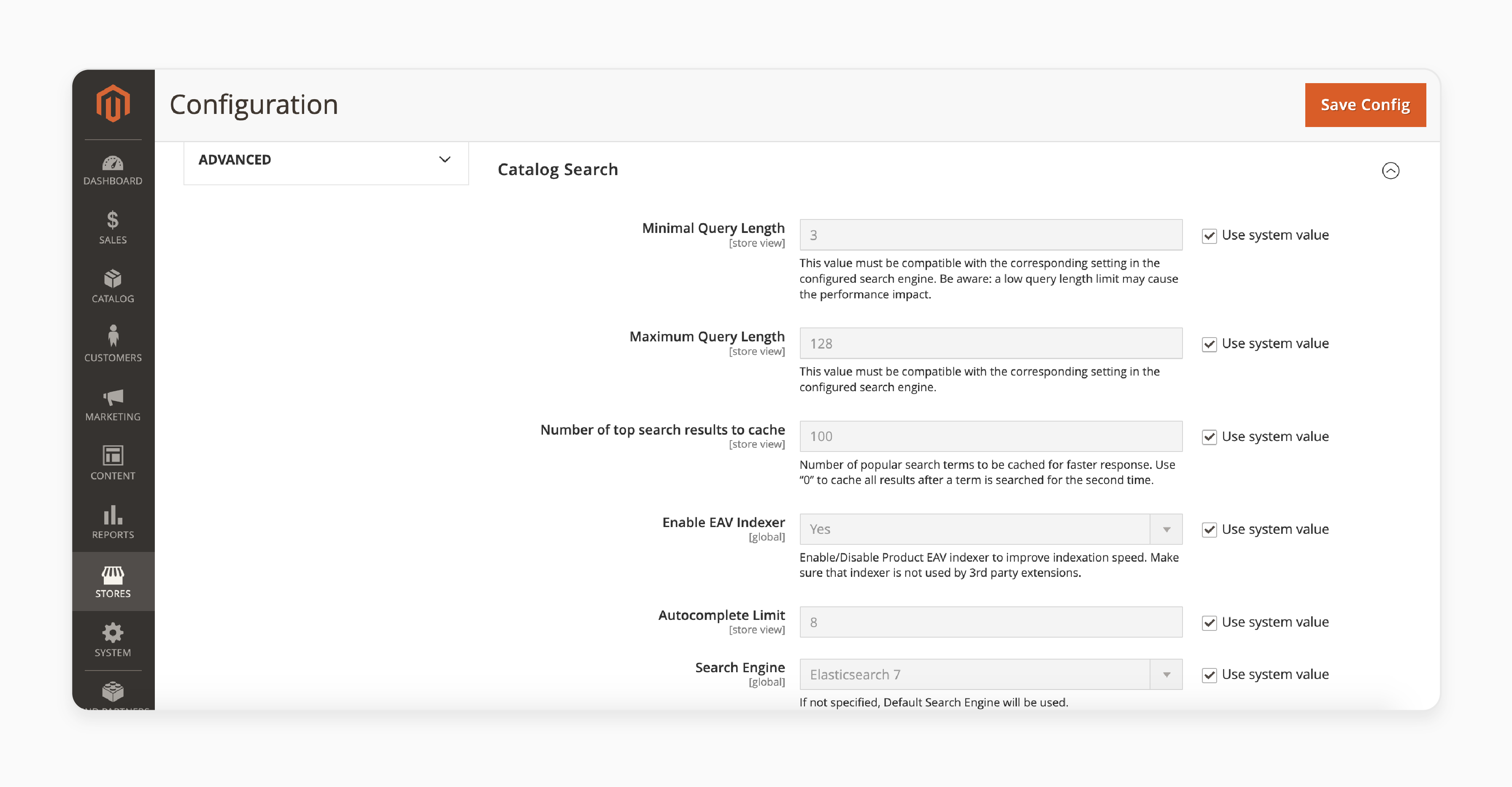 Magento 2 admin panel showing catalog search configuration options for optimizing search settings