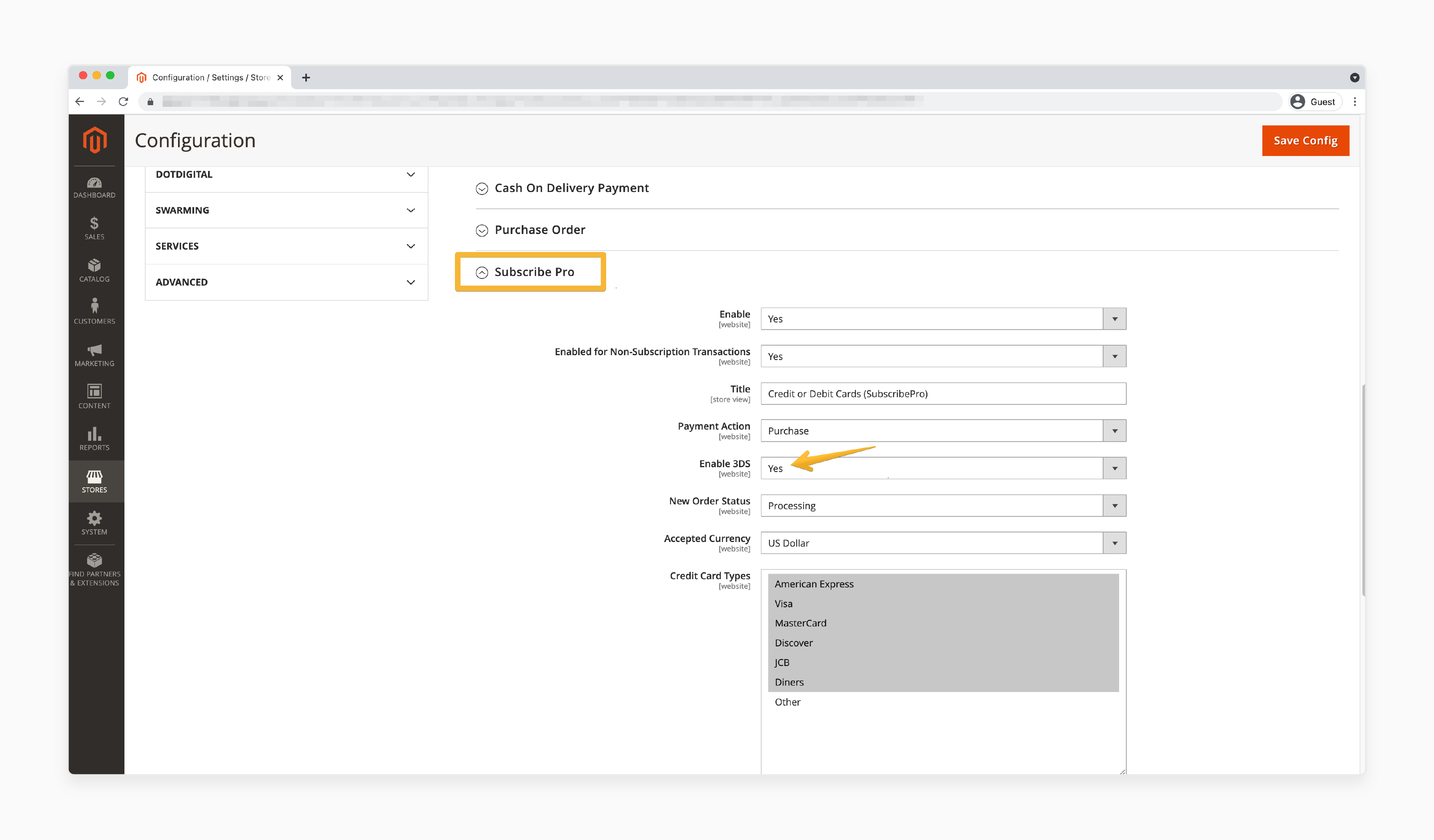 subscribe Pro module settings in Magento 2 for configuring 3D Secure