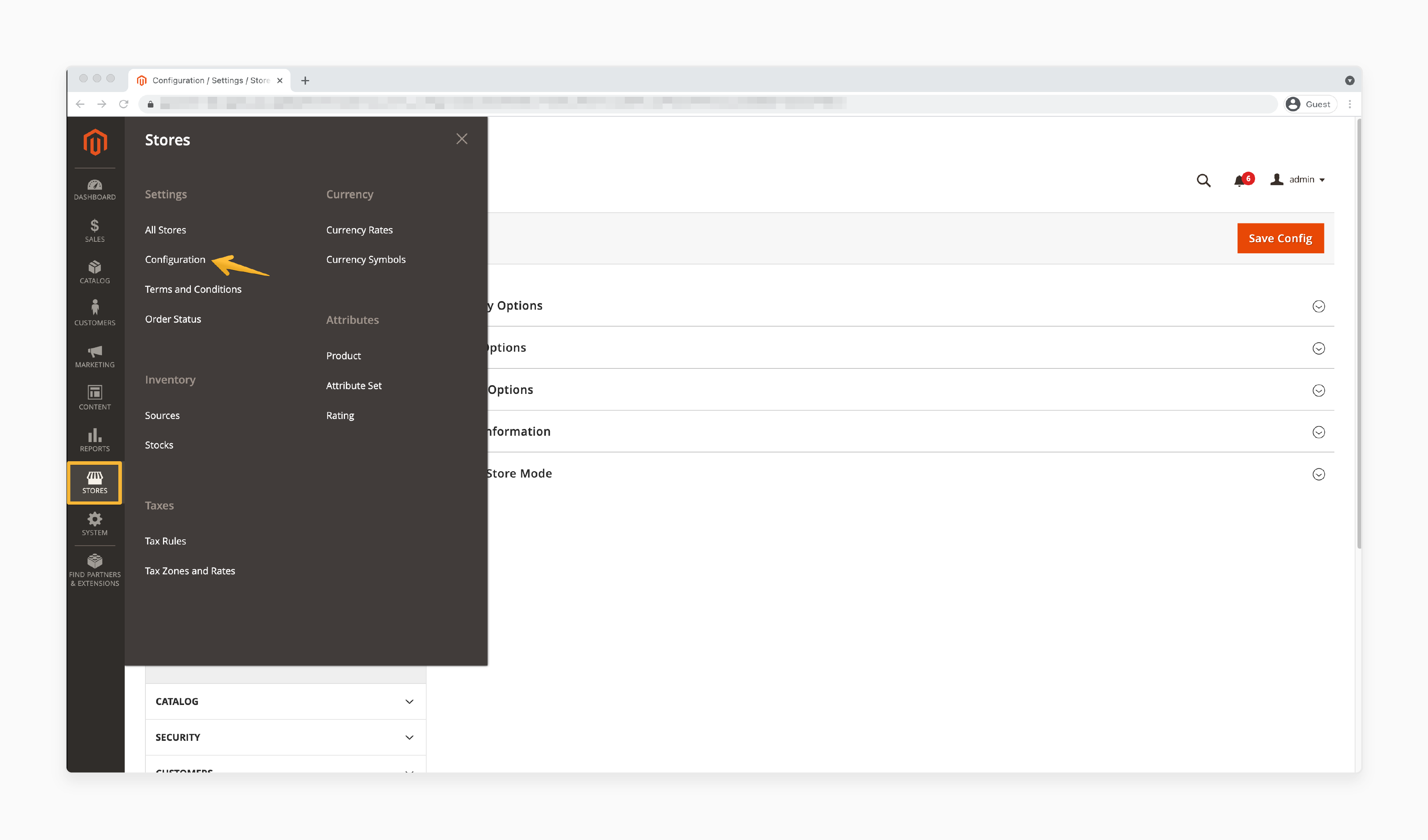 navigation to Stores and Configuration in Magento 2 admin panel