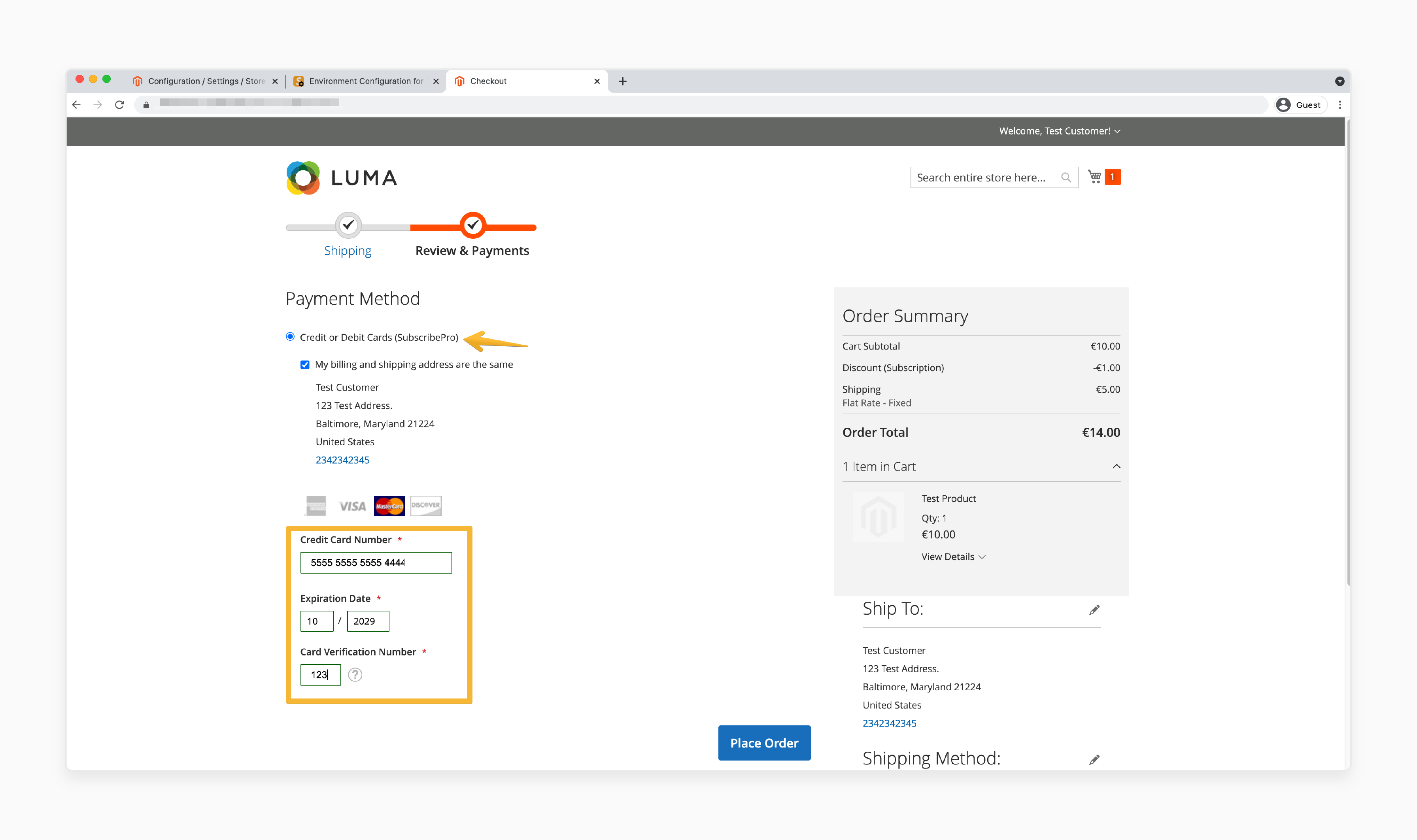 Magento 2 checkout page using 'Subscribe Pro' payment method with 3D Secure enabled