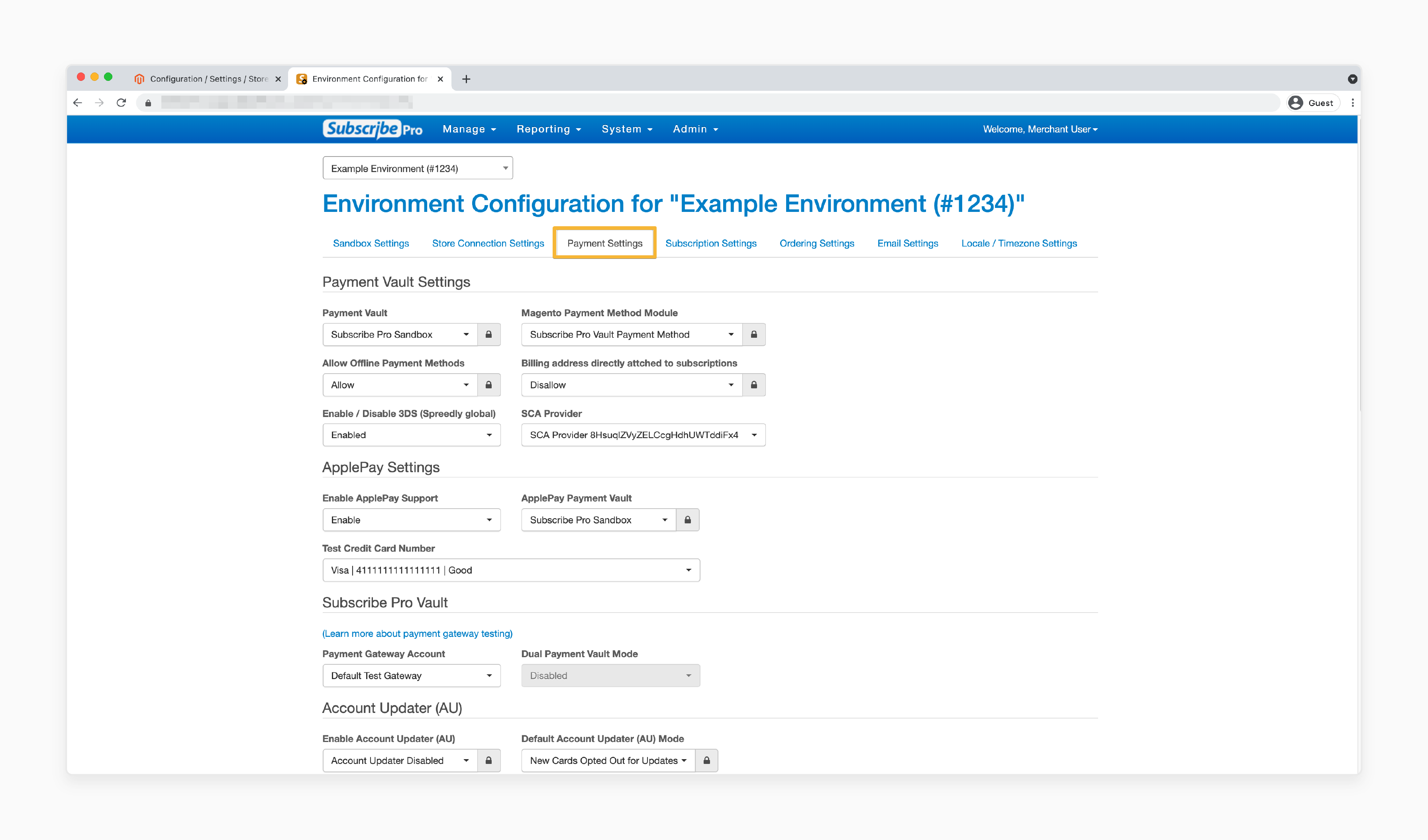 Magento 2 payment settings page for configuring 3D Secure and SCA providers