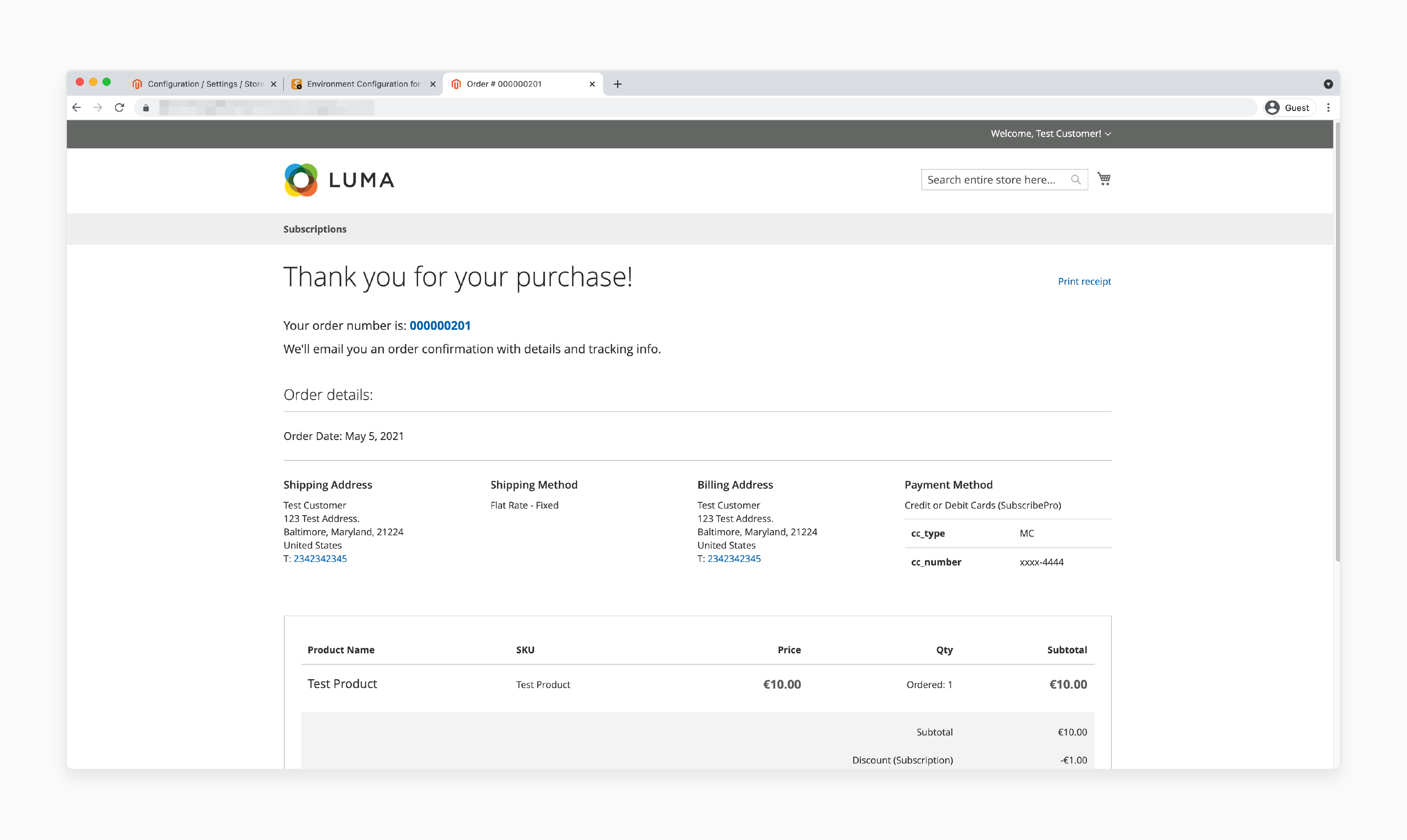 Magento 2 final checkout step with 'Place Order' button to complete 3D Secure payment