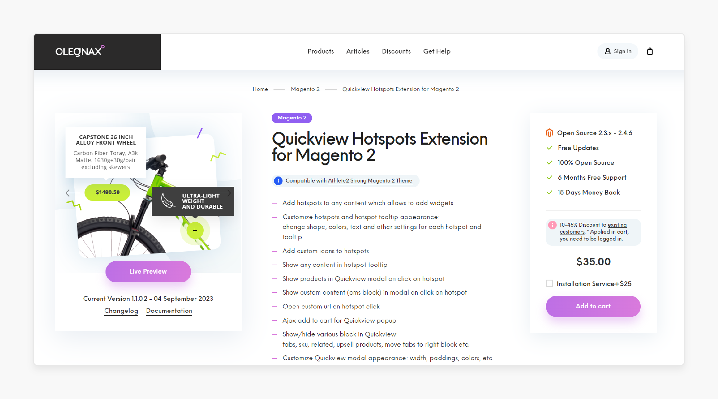 Magento 2 quick view extension by Olegnax offering hotspots for quick product previews and customization