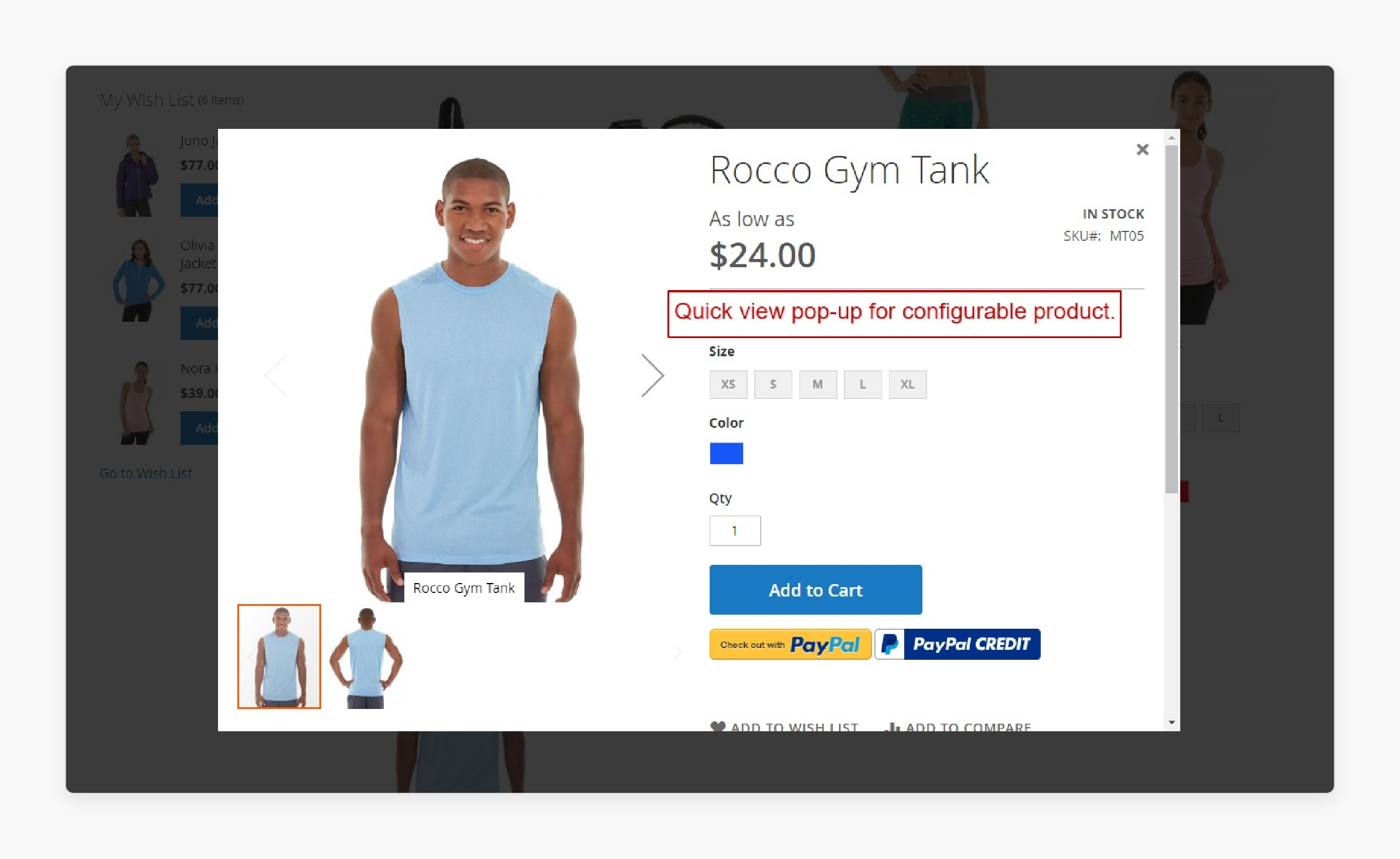 quick view pop-up for a configurable product showing product details in Magento 2