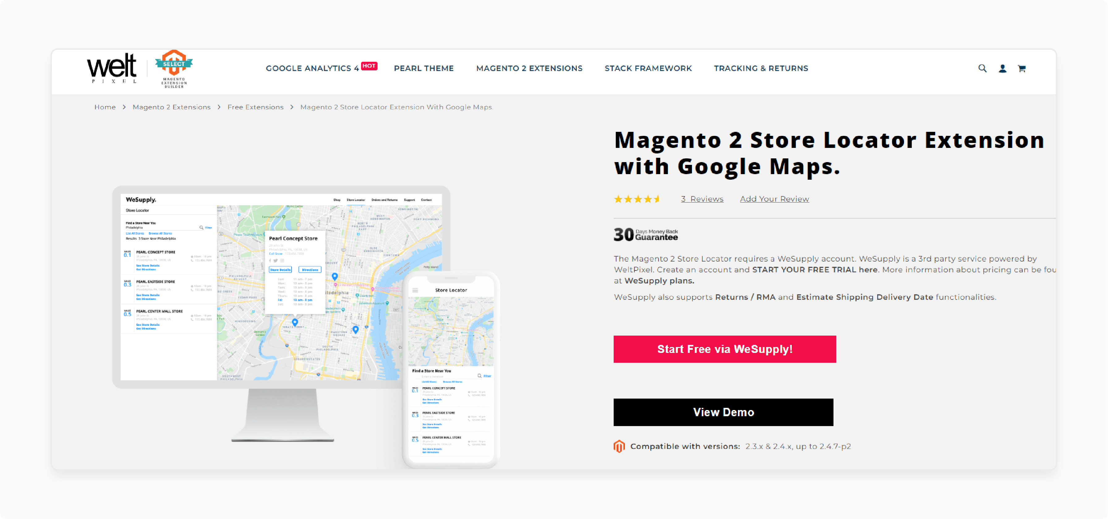 detailed store information displayed in Magento 2 store locator by WeltPixel extension, including hours and contact