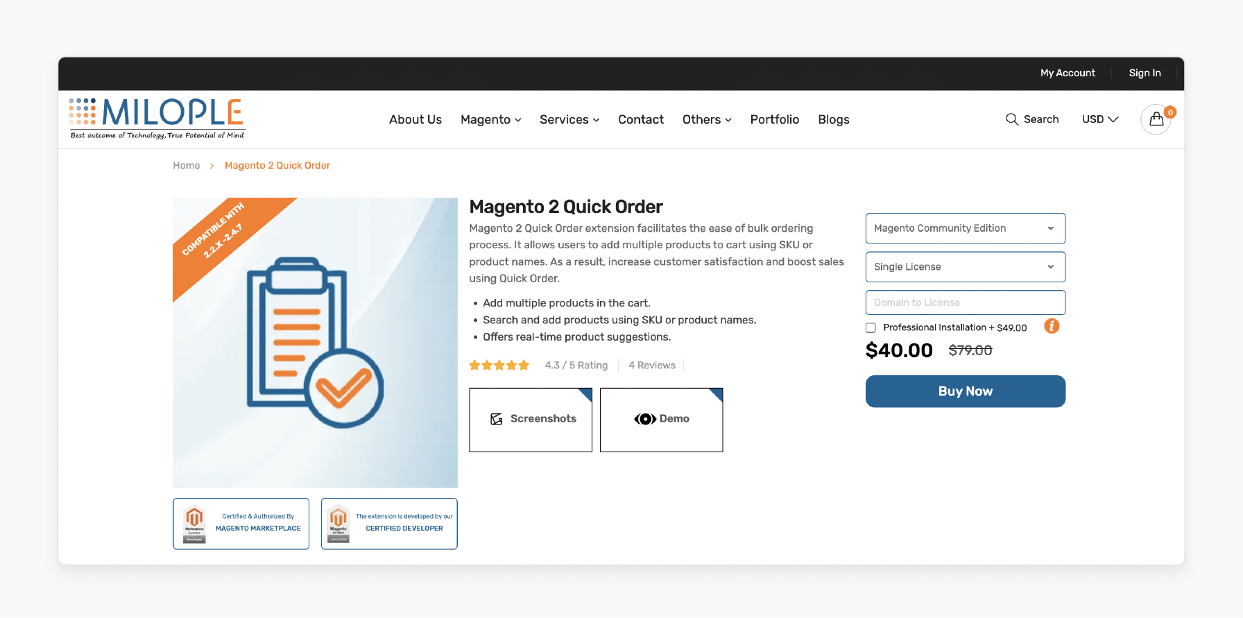 Magento 2 Quick Order - Milopile