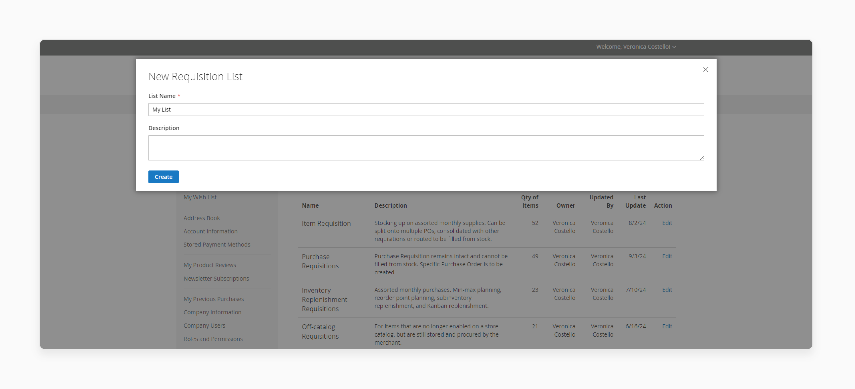 Creating a New Requisition List