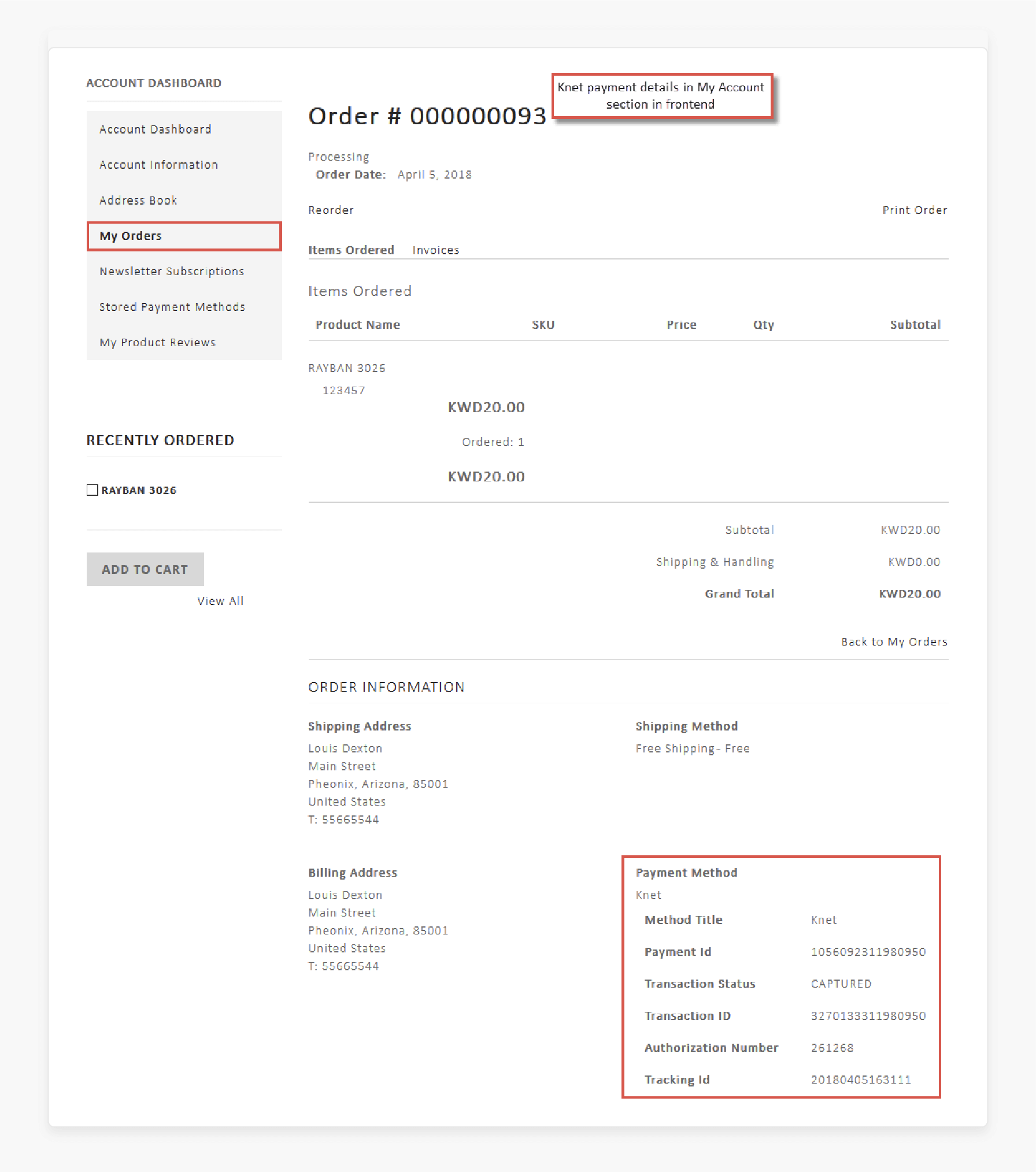 knet payment details displayed in Magento 2 My Account section