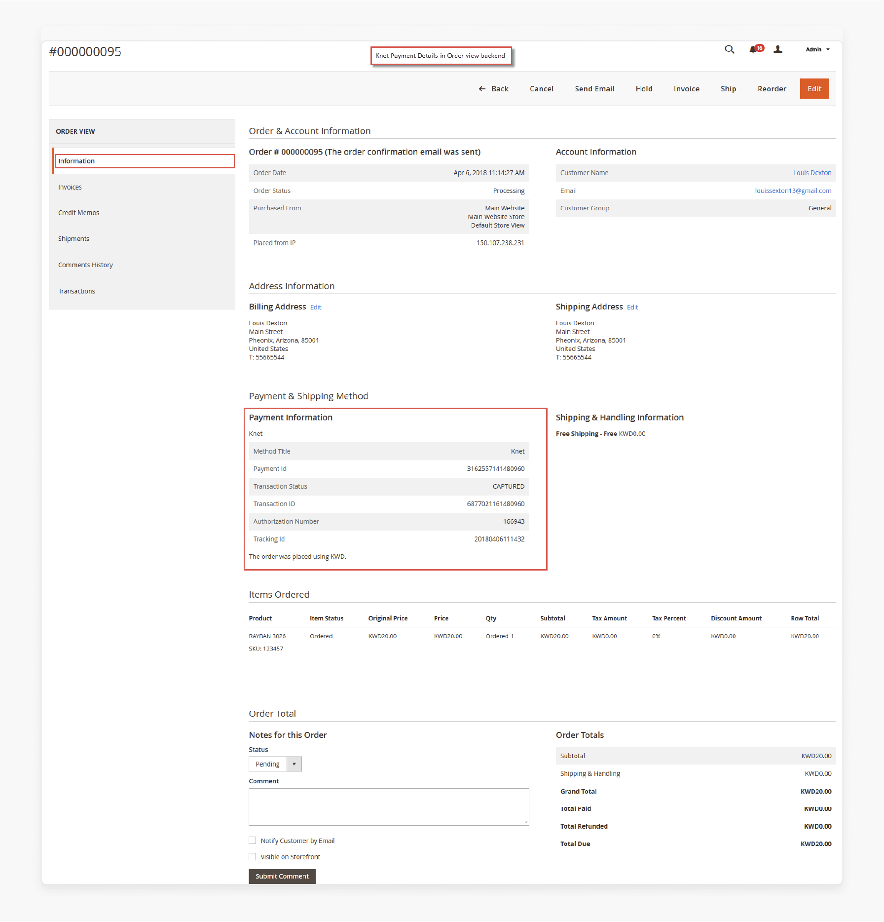 knet payment information and transaction details in Magento 2 backend