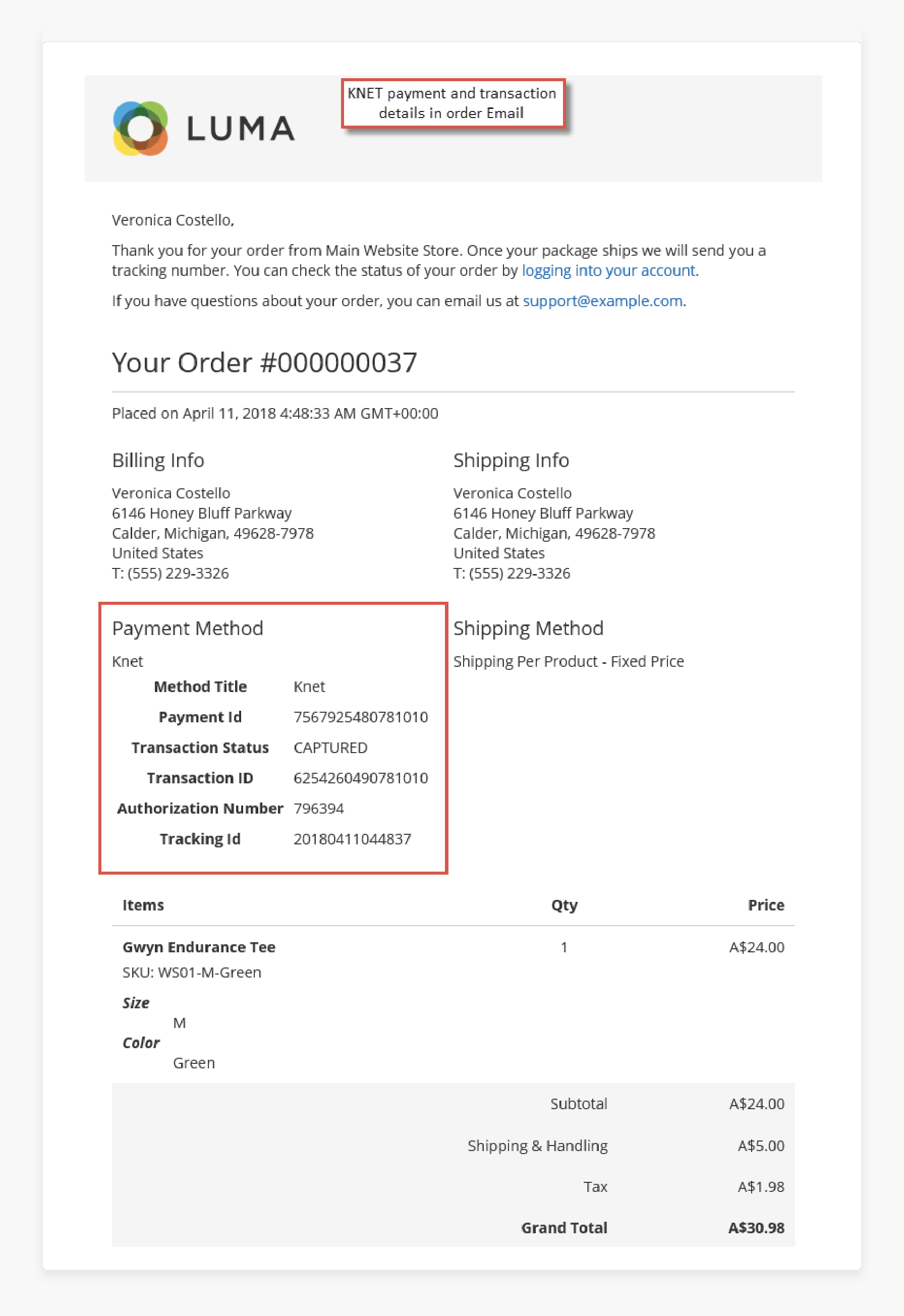 knet payment details and transaction status in Magento 2 order confirmation email