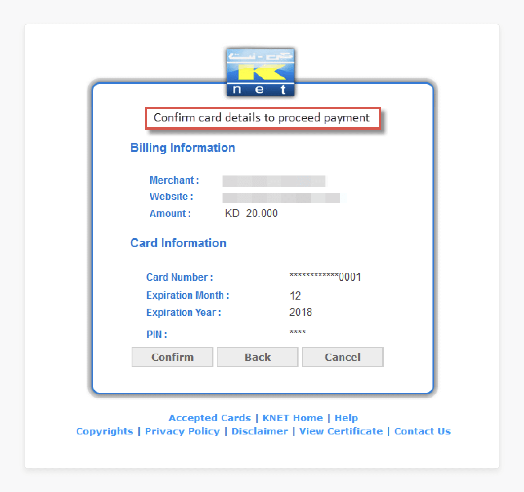 confirming card details for Magento 2 KNET payment during checkout