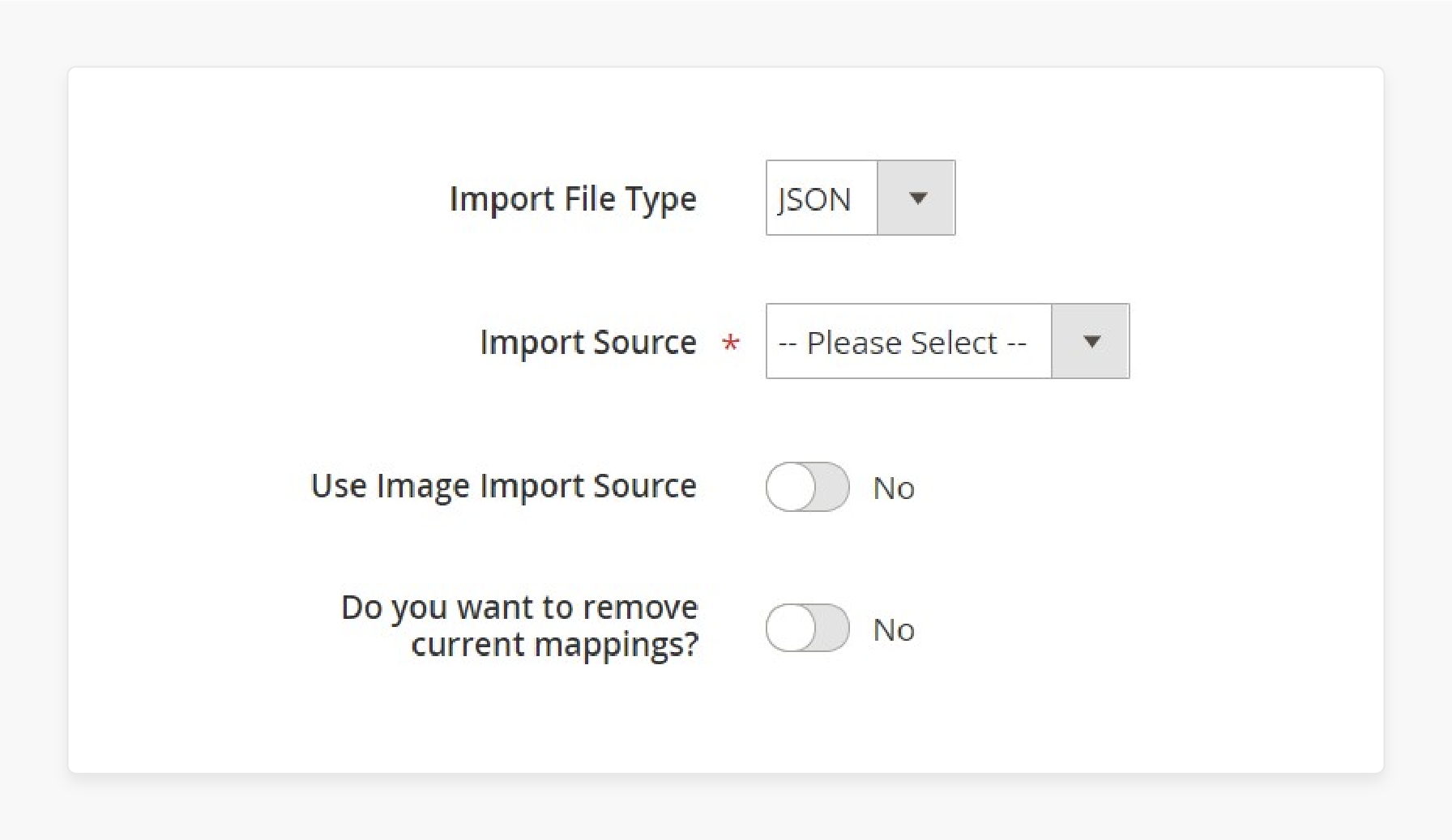 Configure the import source for API data transfer to Magento 2