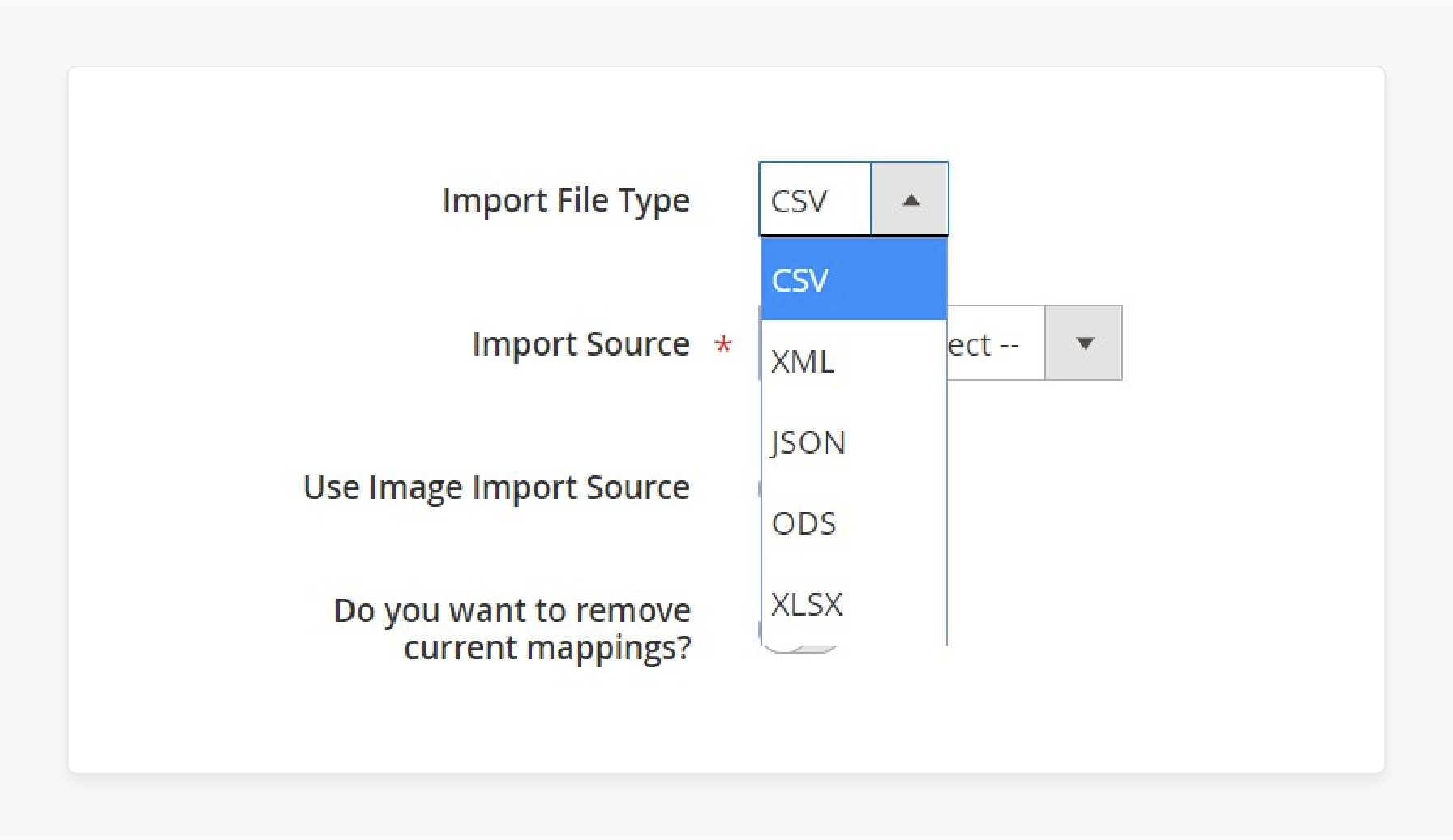 Define the import source for transferring data to Magento 2