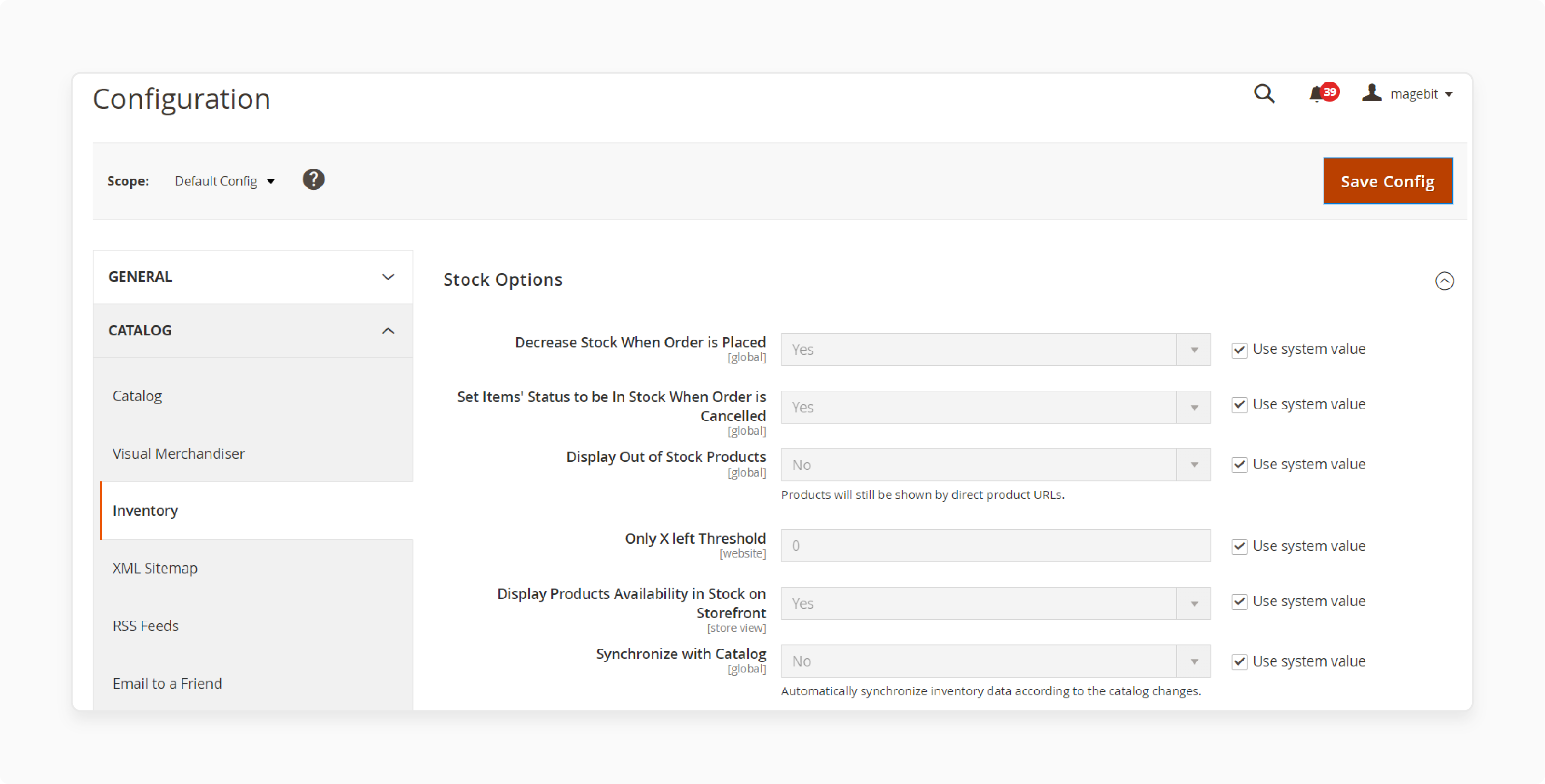 Stock Options in Manage Stock Magento 2