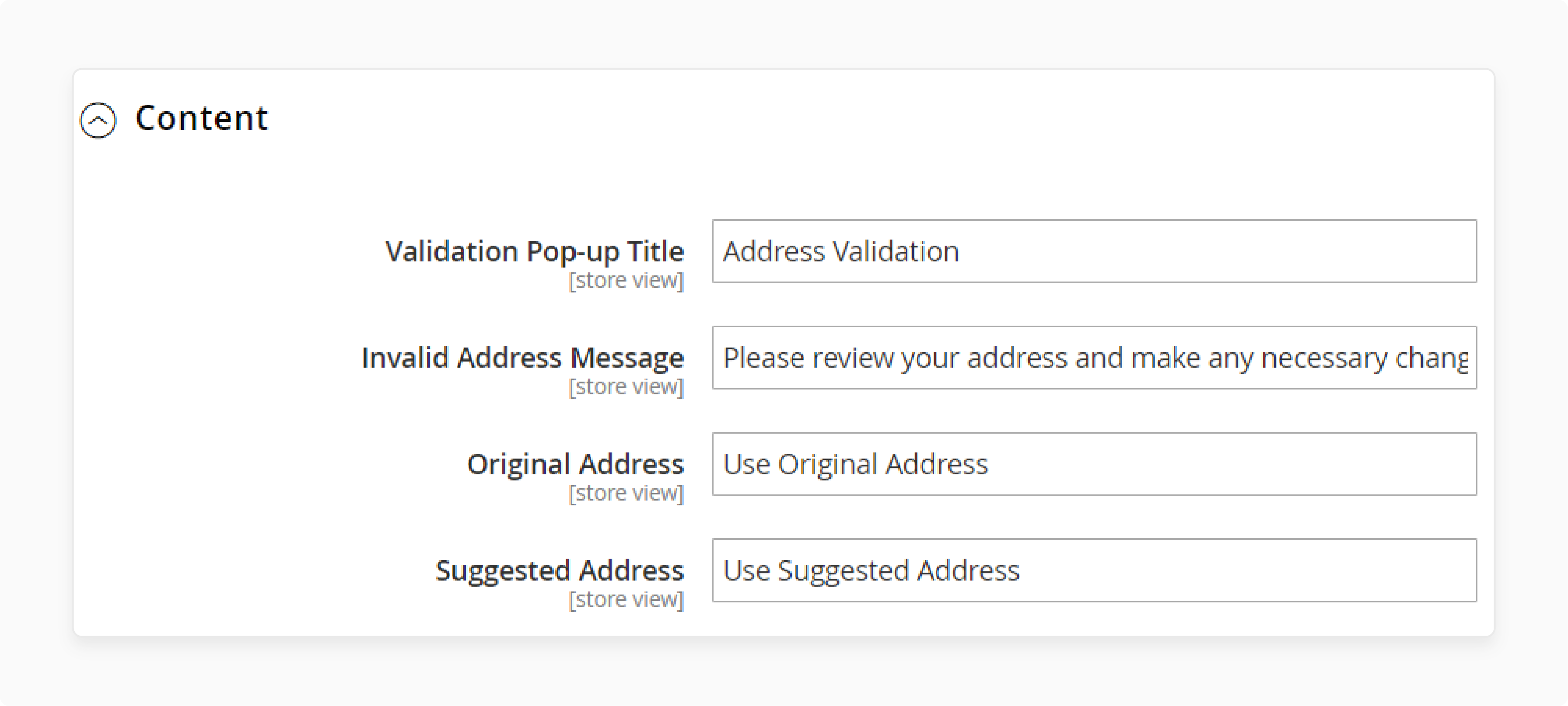 Magento backend configuration for customizing address validation messages and titles