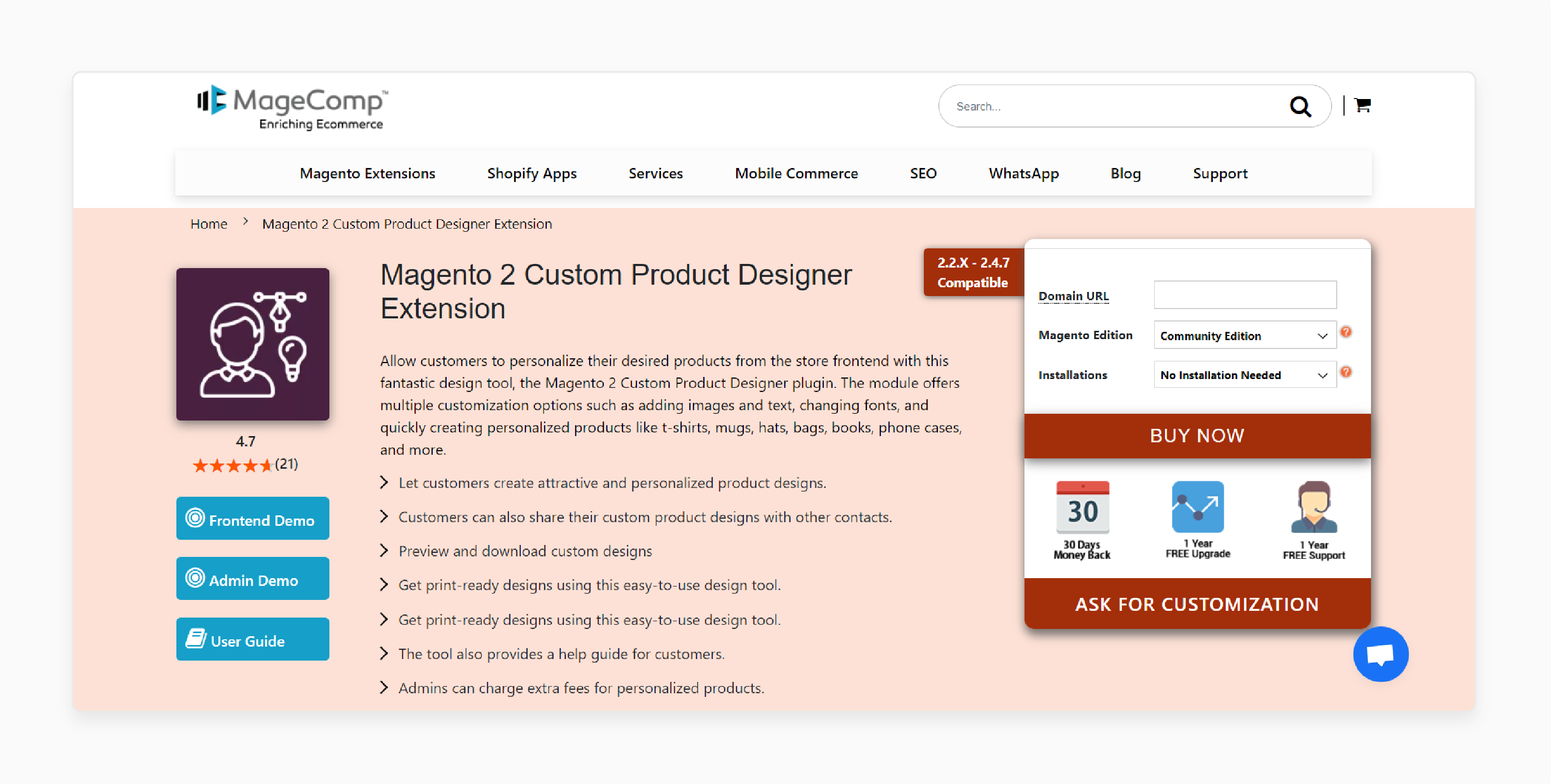 Magento 2 custom product designer extension by MageComp supporting personalized product creation