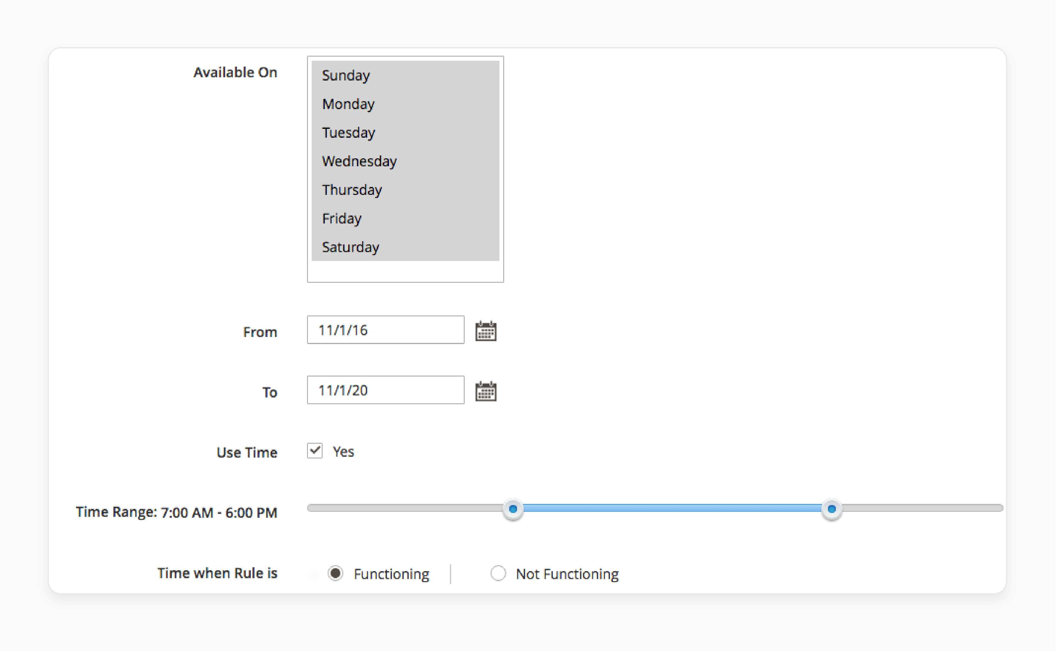 Select the time and date for the rules in the Magento 2 shipping suite extension