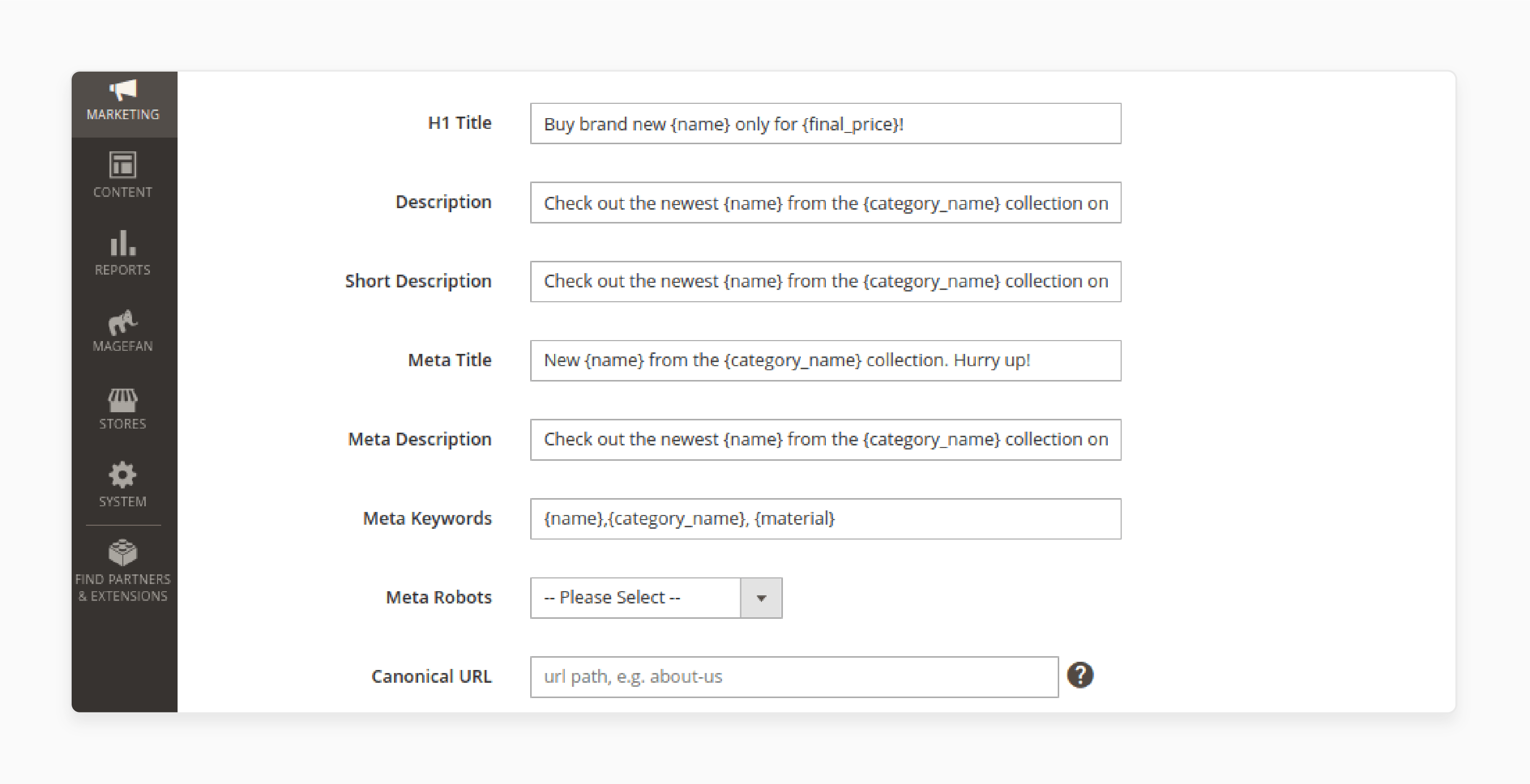 Defining meta tag templates