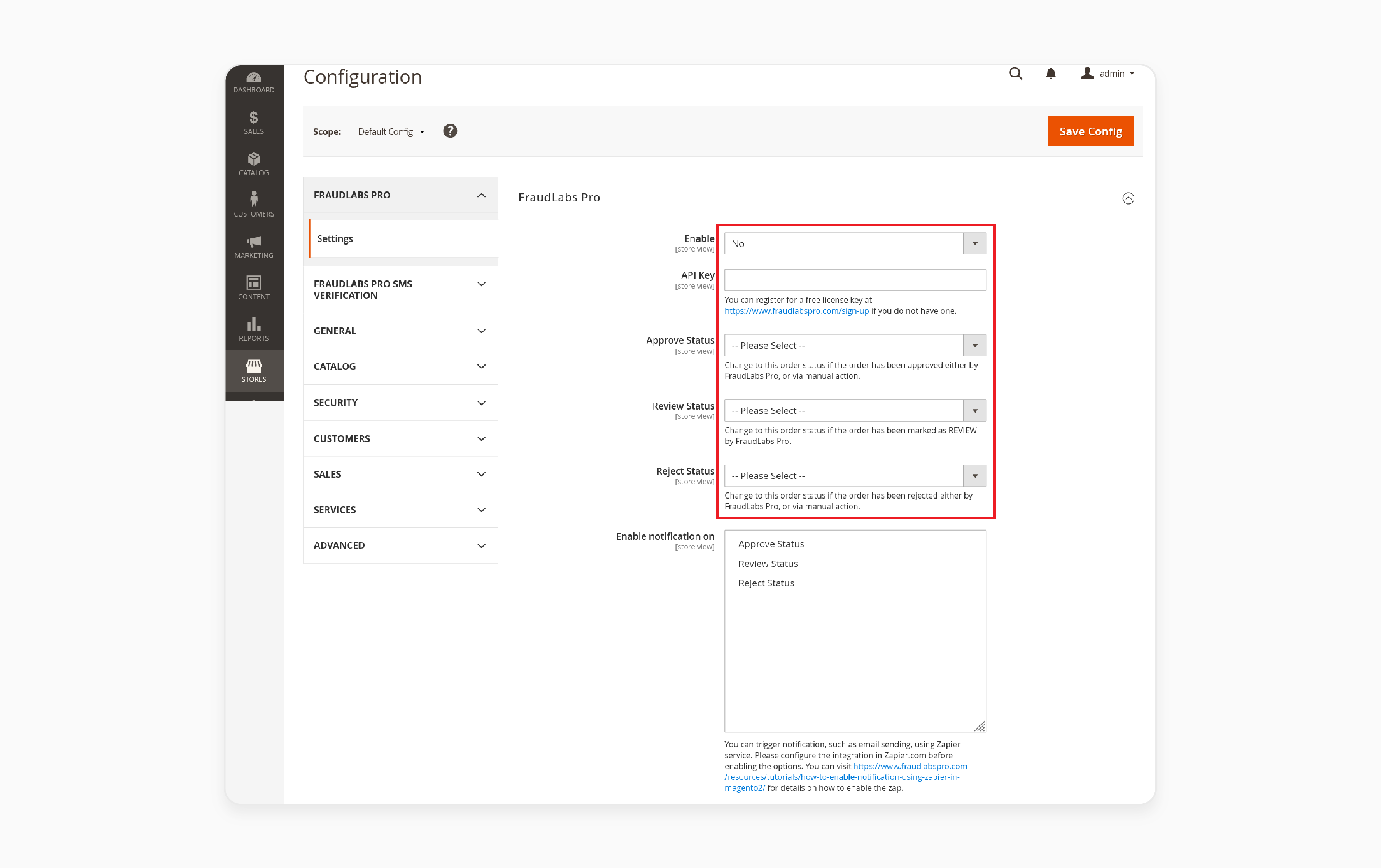 API key setup for Magento 2 fraud module