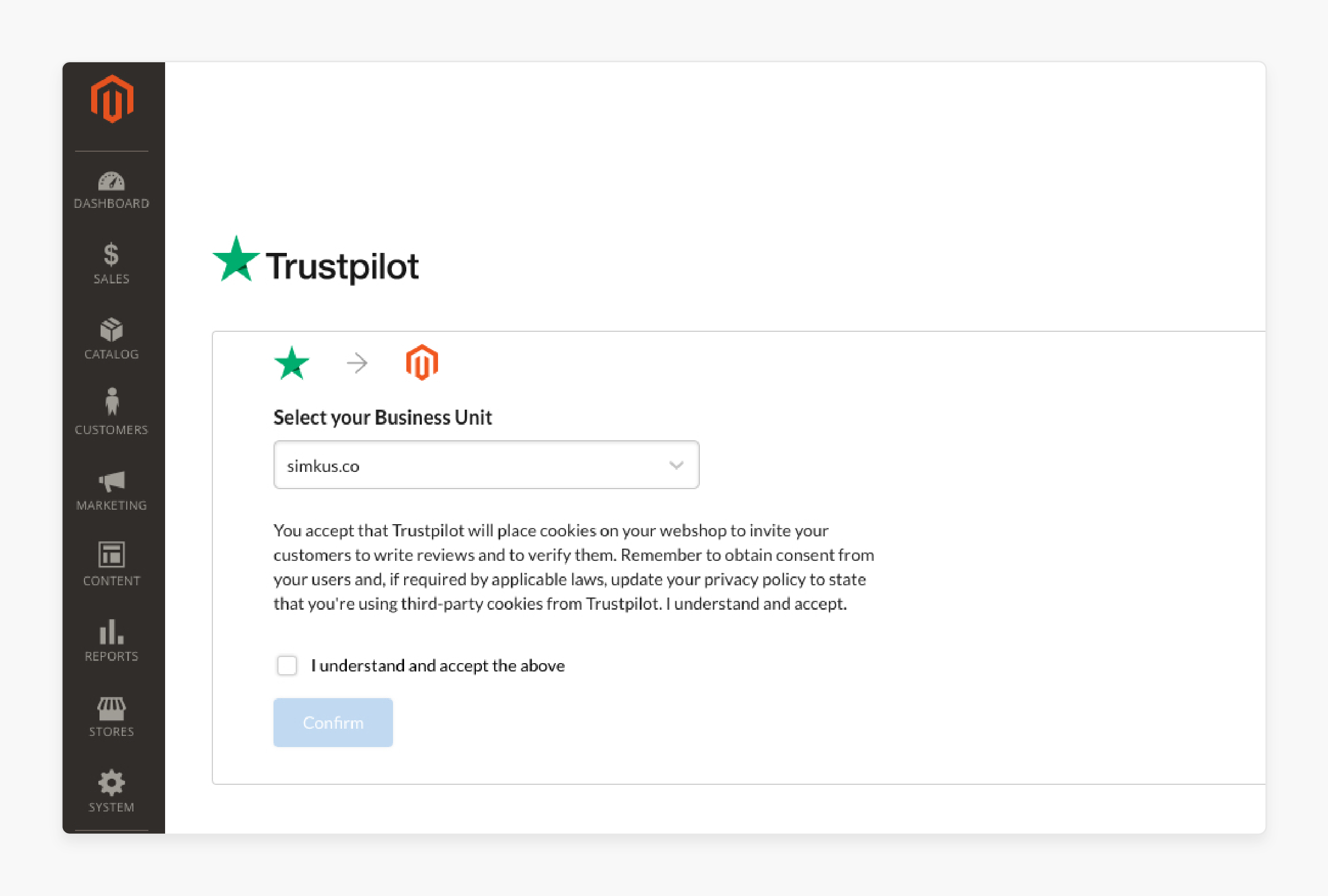 Enter the business unit for the Trustpilot Magento 2 extension