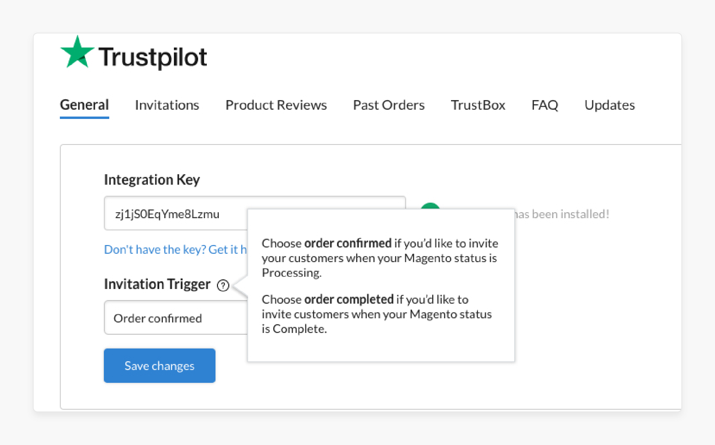 Enter the key for Trustpilot Magento 2 extension