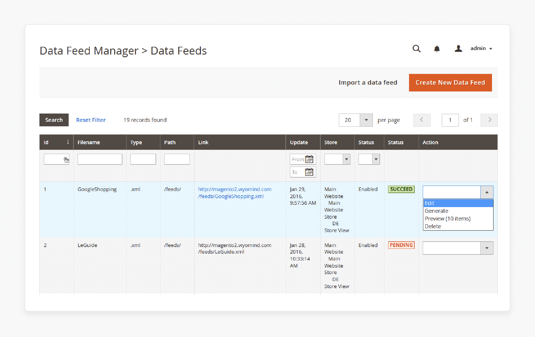 New Feed in Magento Data Feed Manager