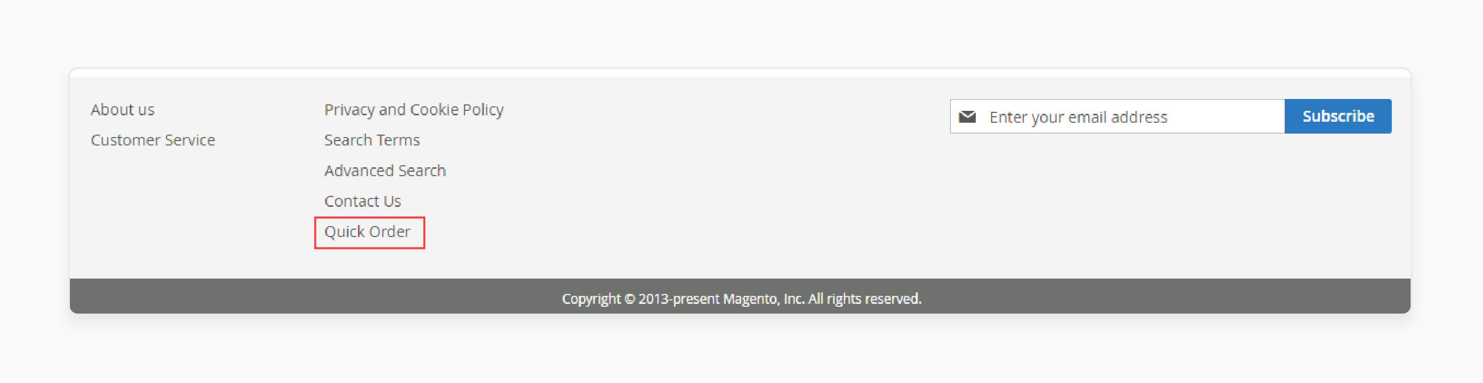 magento 2 quick order link displayed in the footer for easy access to bulk product addition