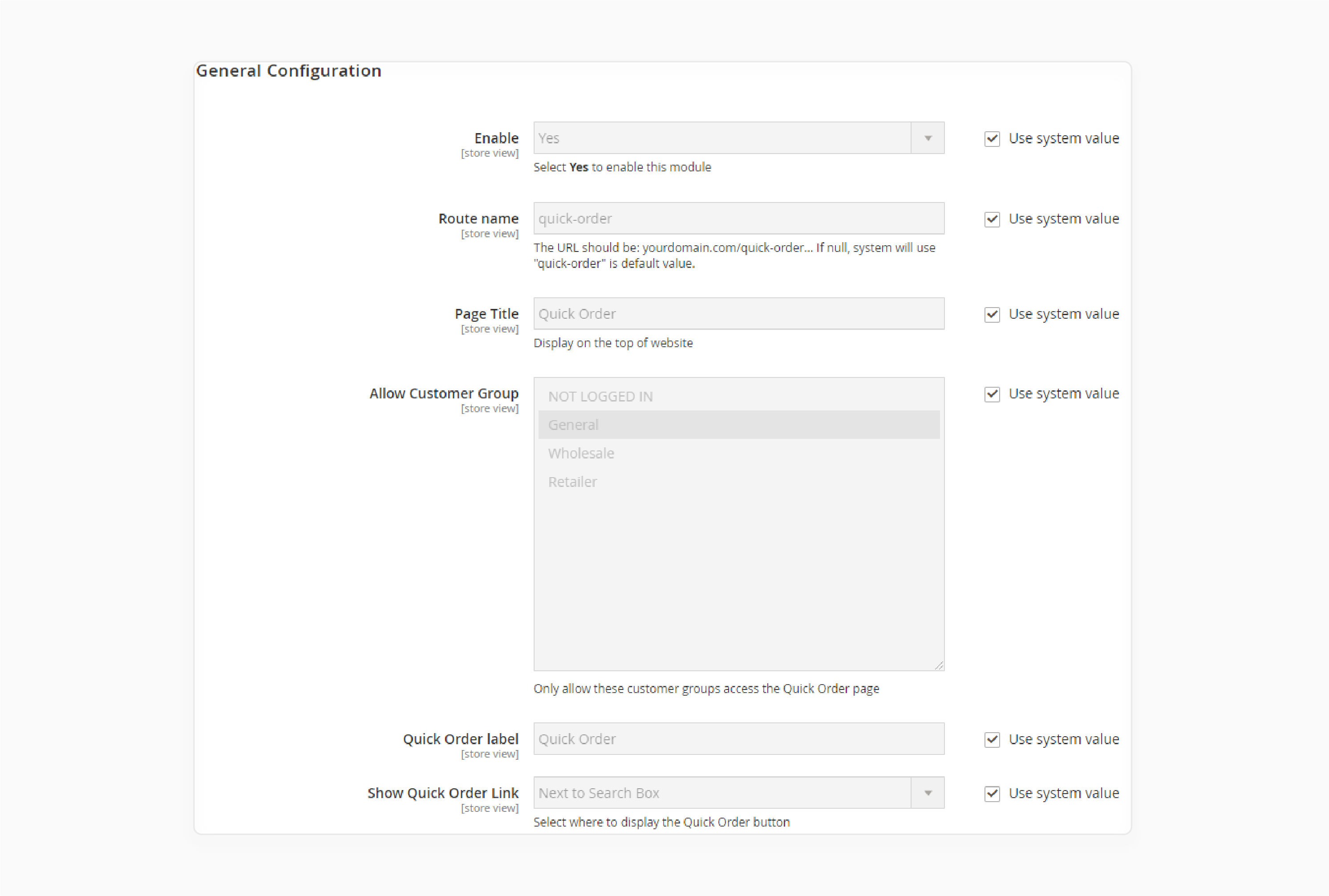 magento 2 backend configuration for enabling and setting up the quick order feature for adding multiple products