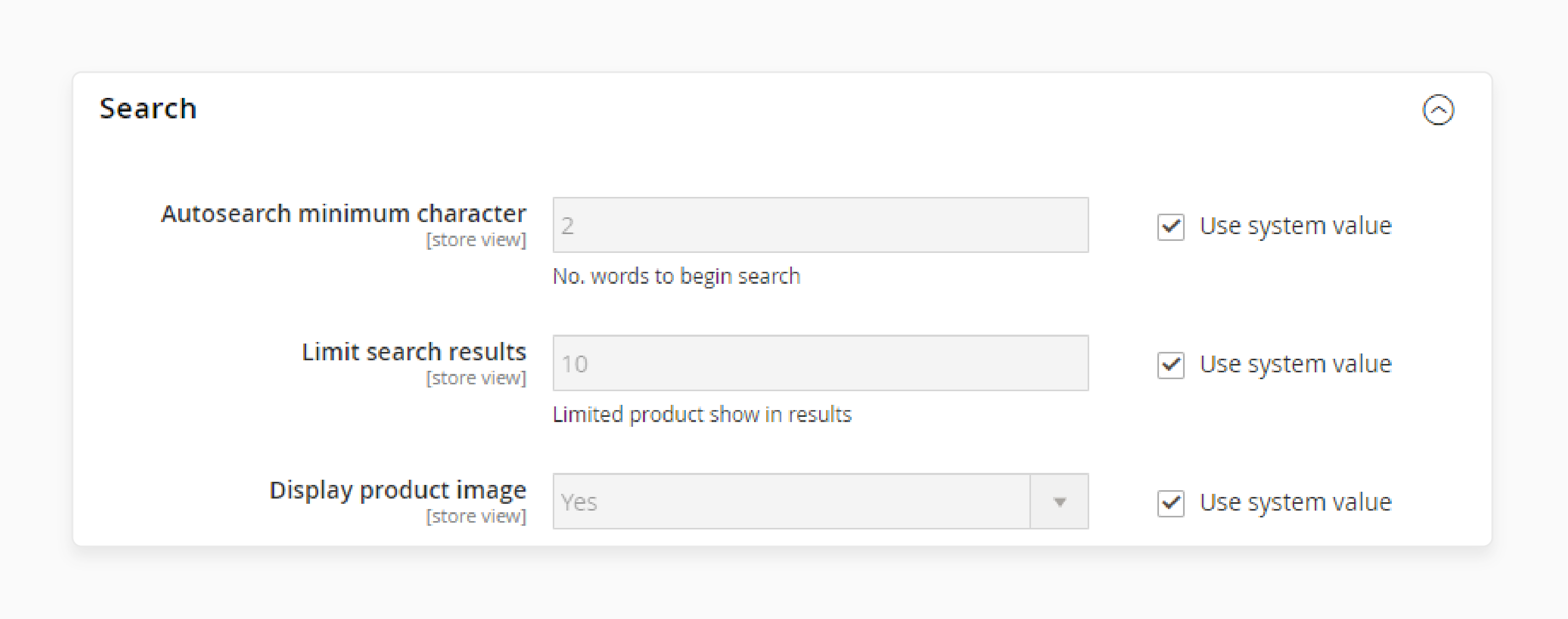 magento 2 quick order settings showing auto search and search result limit options