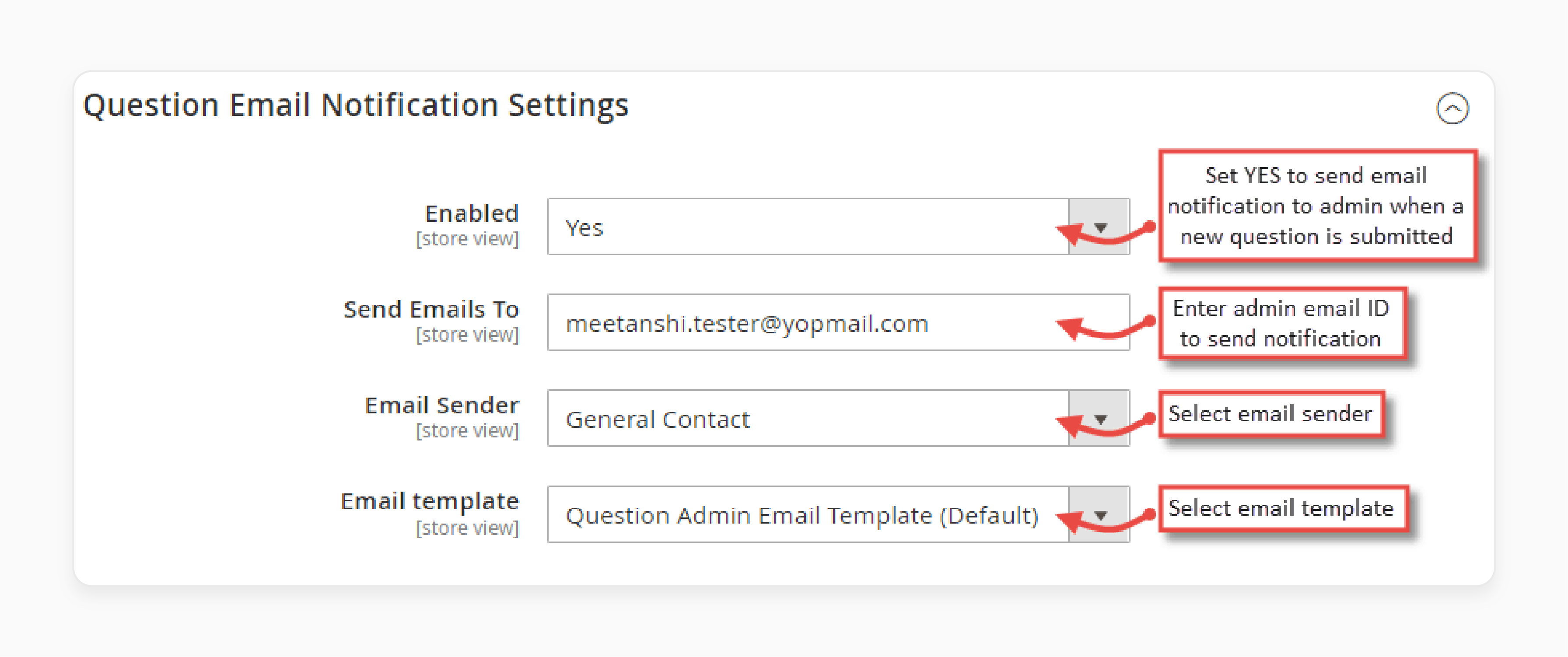 Configuring email notification settings in the Magento 2 Product questions extension