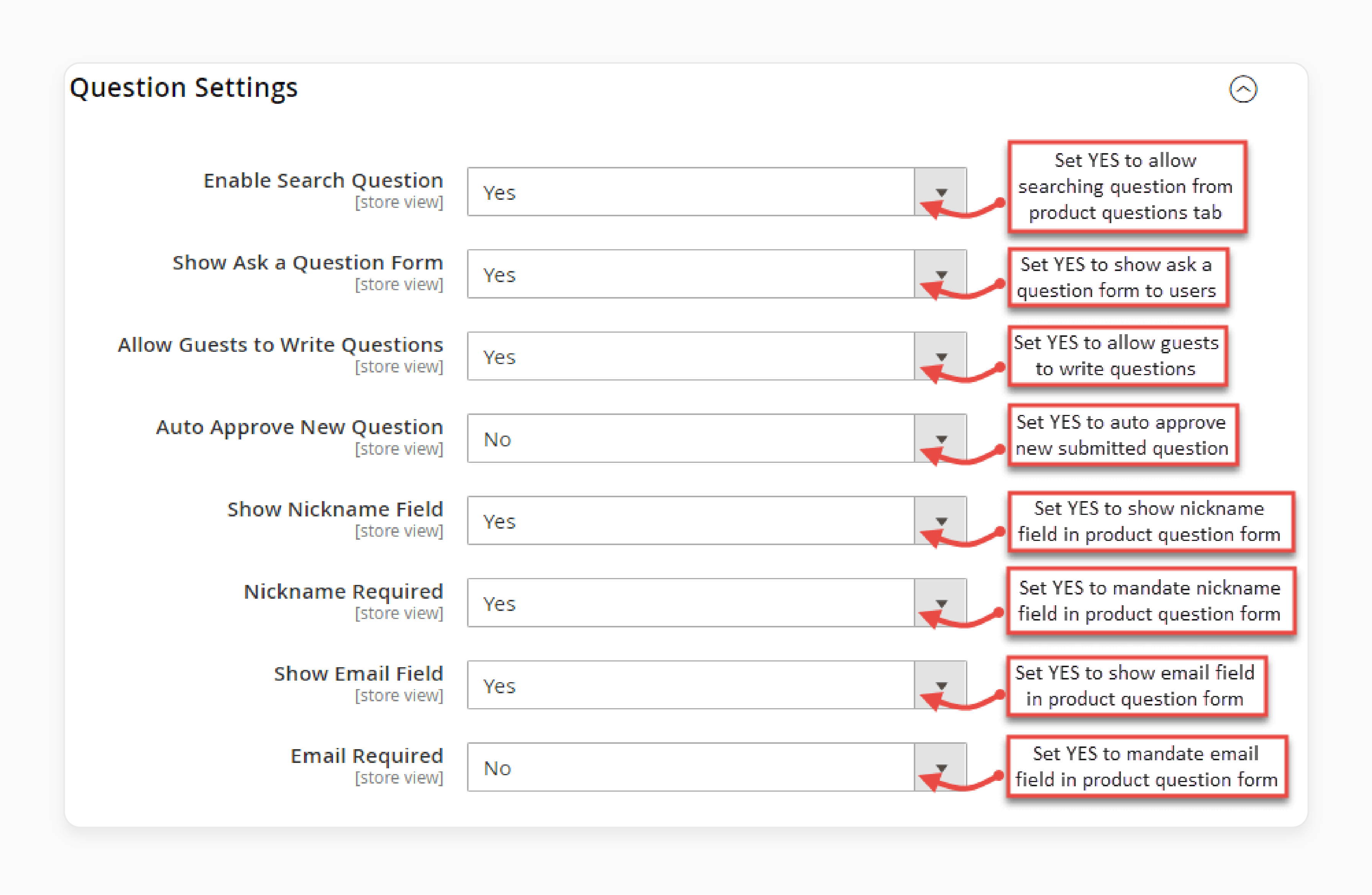 Configuring questions settings in the Magento 2 Product questions extension